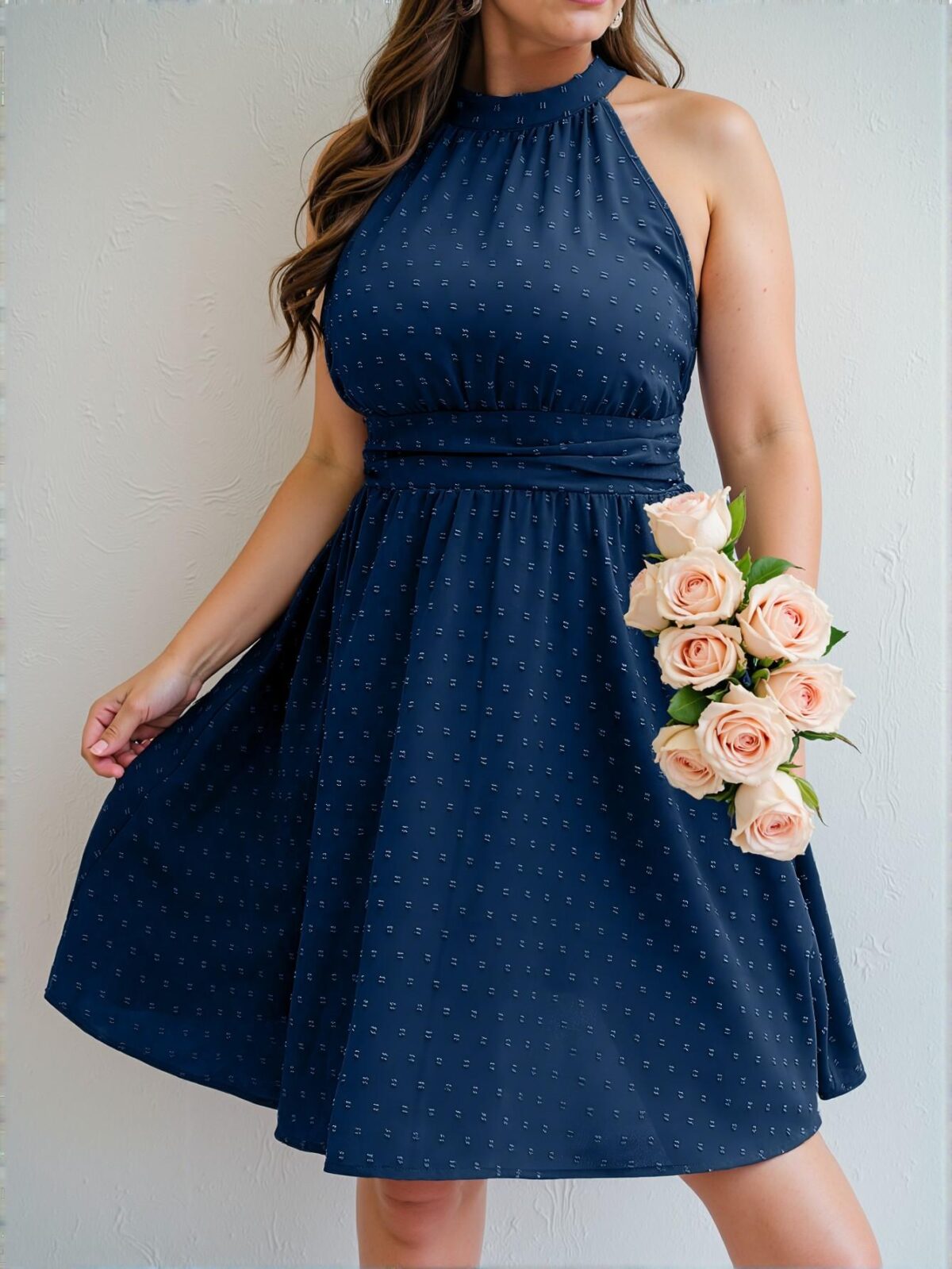 Elegant Royal Blue Flared Halter Neck A-Line Dress with Eyelet Embroidery - Chic, Classy and Trendy Fashion Style to Dress to Impress - Image 3