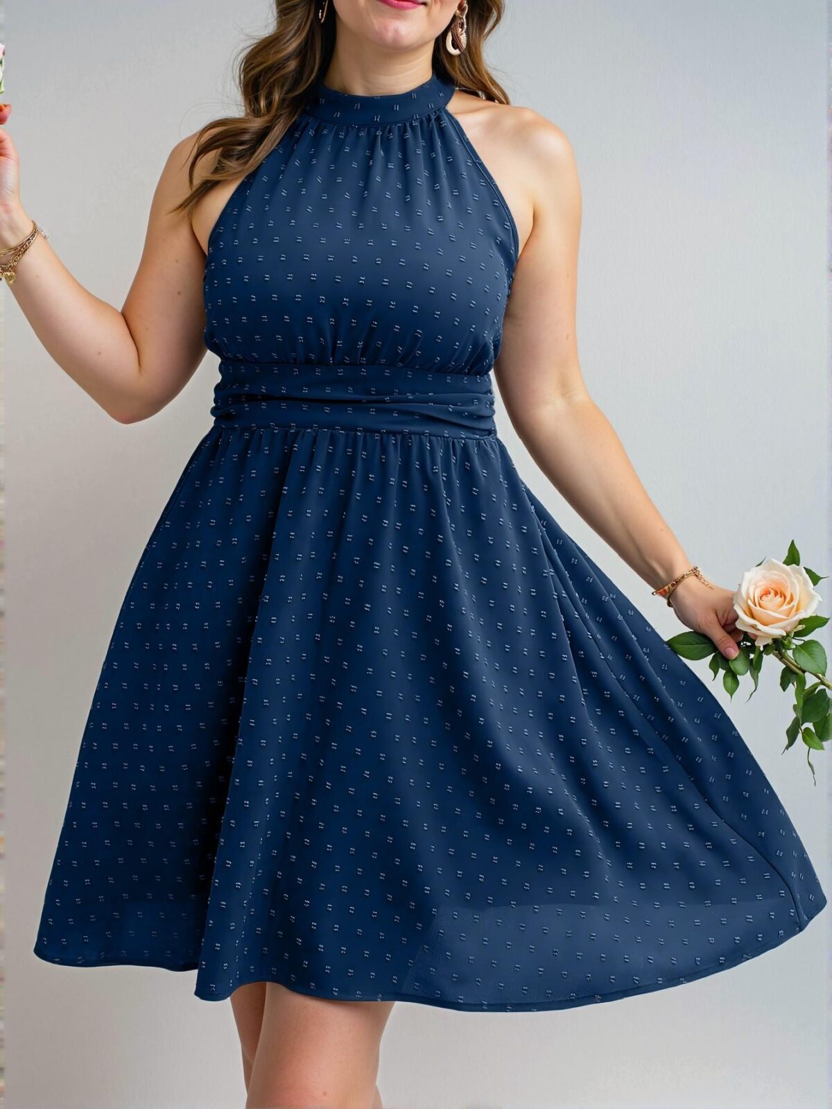 Elegant Royal Blue Flared Halter Neck A-Line Dress with Eyelet Embroidery - Chic, Classy and Trendy Fashion Style to Dress to Impress - Image 4