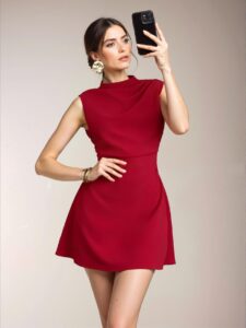 Elegant Red Halter Top Pleated A-Line Mini Dress for Formal Events and Romantic Occasions - Chic, Classy and Trendy Fashion Style to Dress to Impress