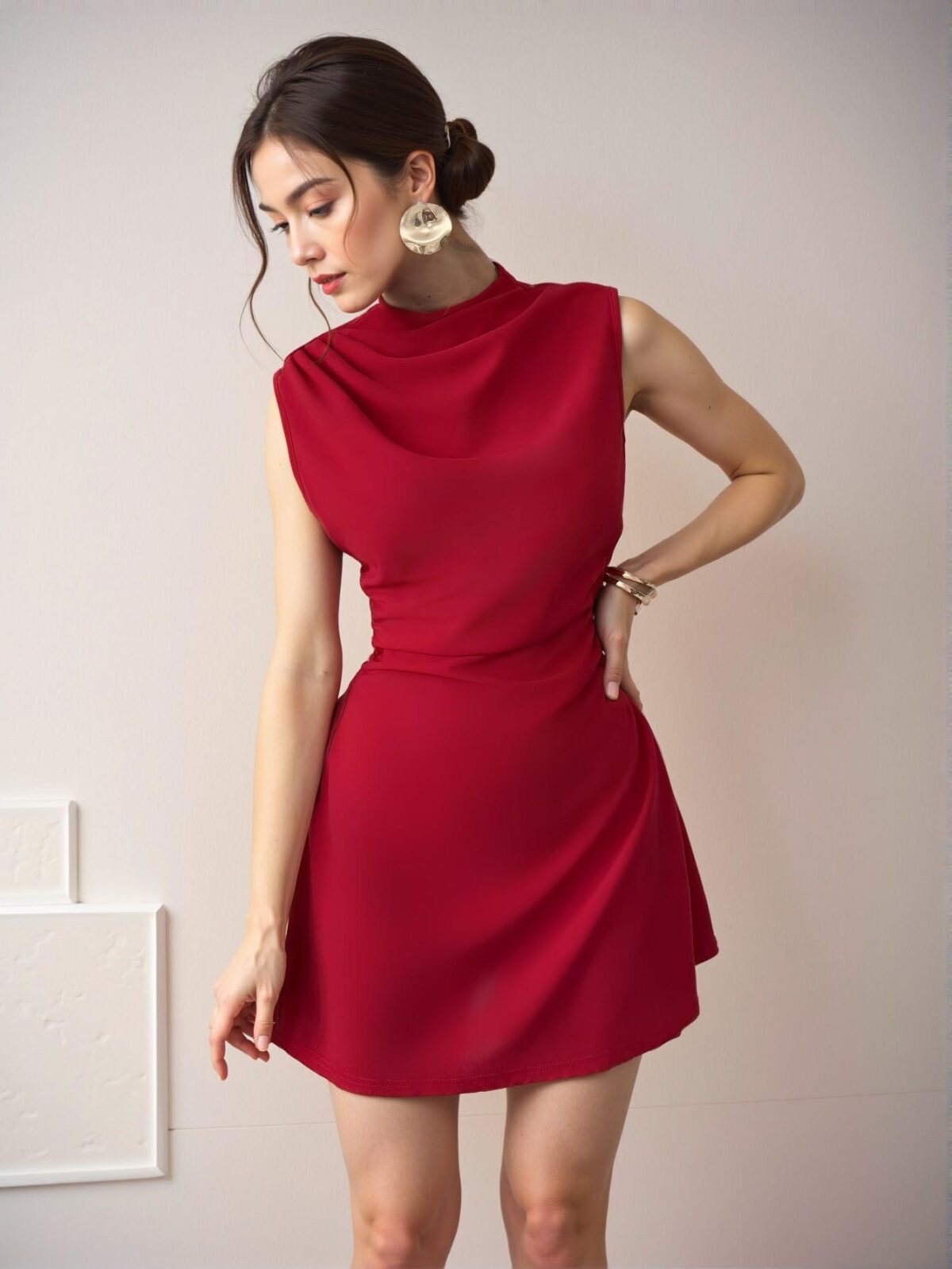 Elegant Red Halter Top Pleated A-Line Mini Dress for Formal Events and Romantic Occasions - Chic, Classy and Trendy Fashion Style to Dress to Impress - Image 2