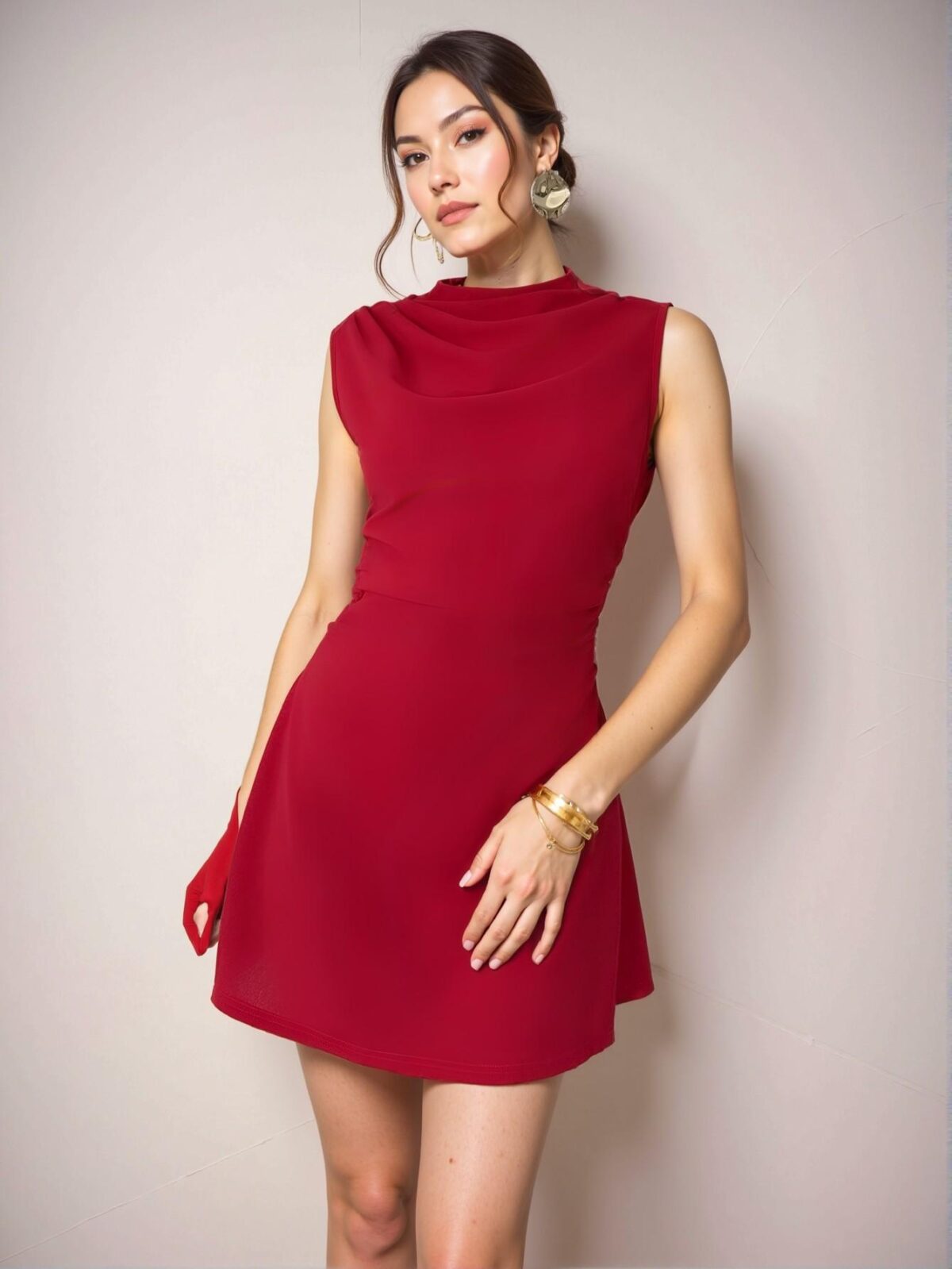 Elegant Red Halter Top Pleated A-Line Mini Dress for Formal Events and Romantic Occasions - Chic, Classy and Trendy Fashion Style to Dress to Impress - Image 4