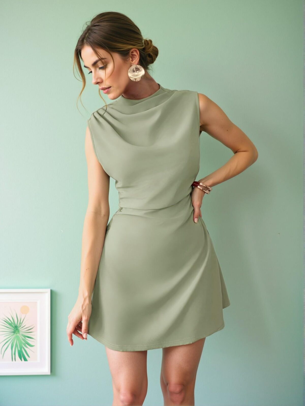 Elegant Mint Green Pleated A-Line Mini Dress for Romantic Daily Commute, Weddings, and Festivals - Chic, Classy and Trendy Fashion Style to Dress to Impress - Image 2