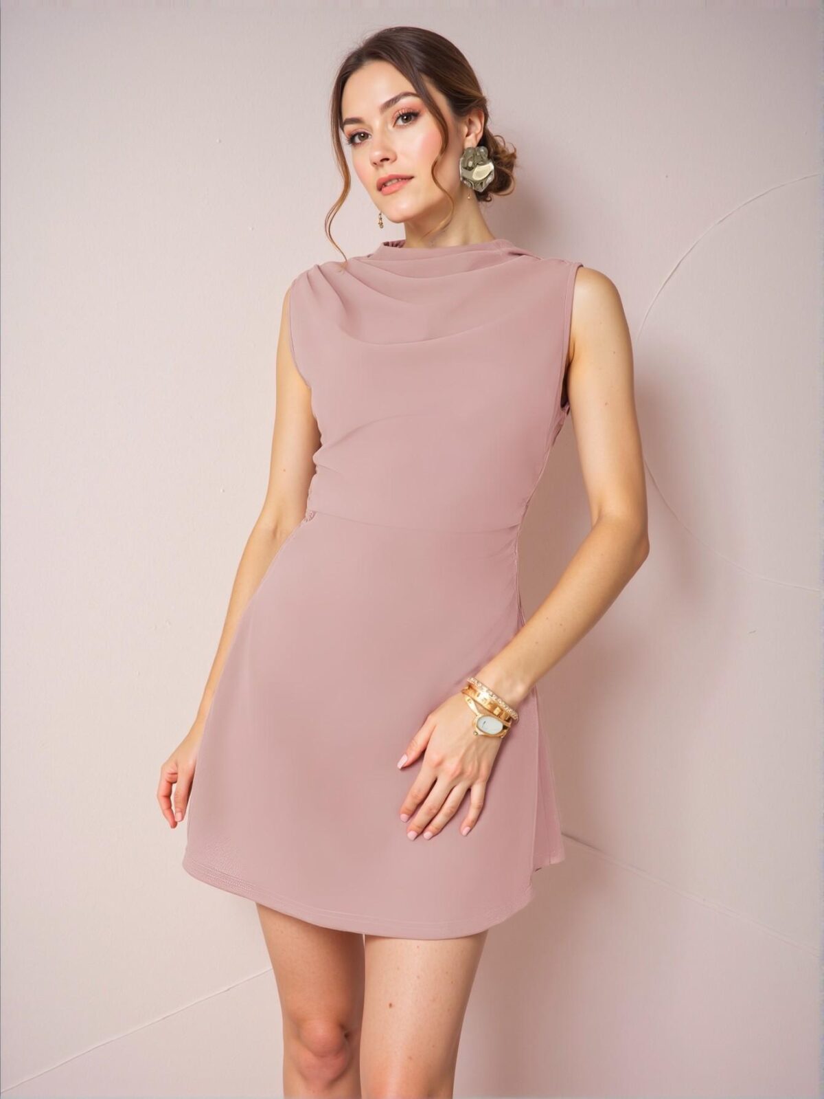 Elegant Dusty Pink Sophisticated Minimalist Pleated A-Line Mini Slip Dress for Daily Wear, Commute, Weddings, Parties, Music Festivals, Vacations, Spring/Summer, Graduation Events, and Business Casual Outings - Chic, Classy and Trendy Fashion Style to Dress to Impress - Image 4
