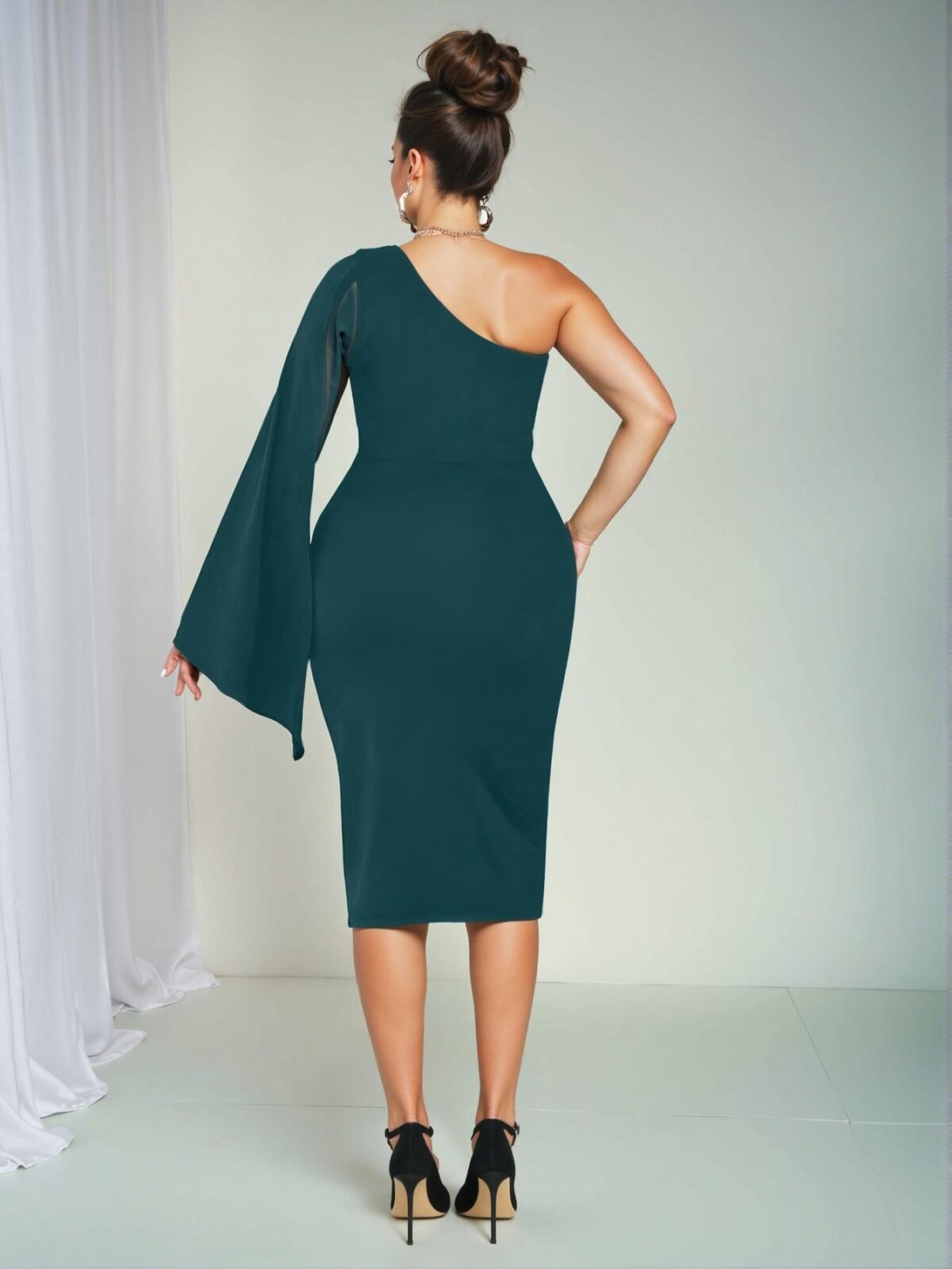 Elegant Teal Blue Bodycon Asymmetrical Neckline Dress with Split Sleeves for a Chic, Classy and Trendy Fashion Style to Dress to Impress - Image 2
