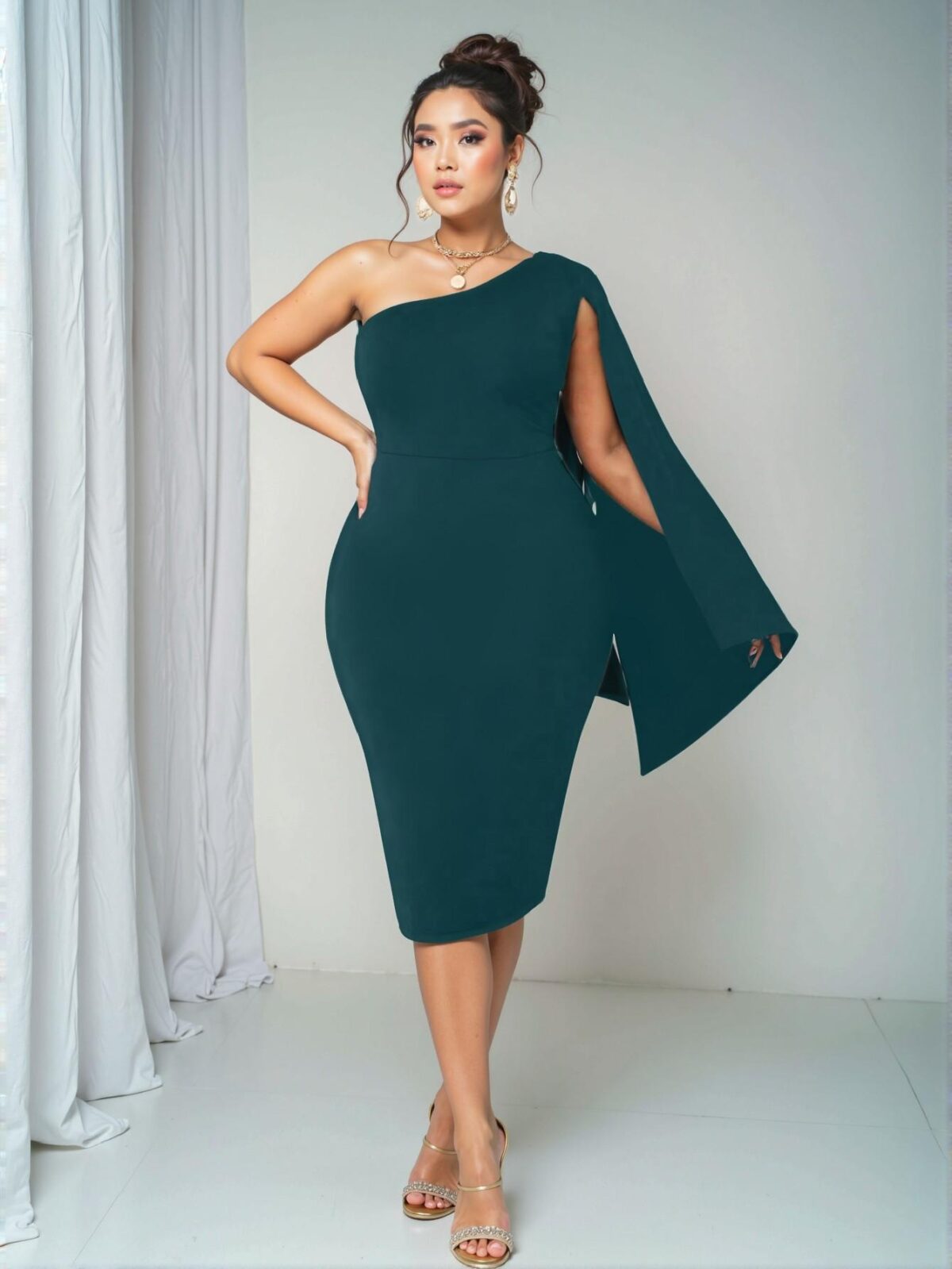 Elegant Teal Blue Bodycon Asymmetrical Neckline Dress with Split Sleeves for a Chic, Classy and Trendy Fashion Style to Dress to Impress - Image 3