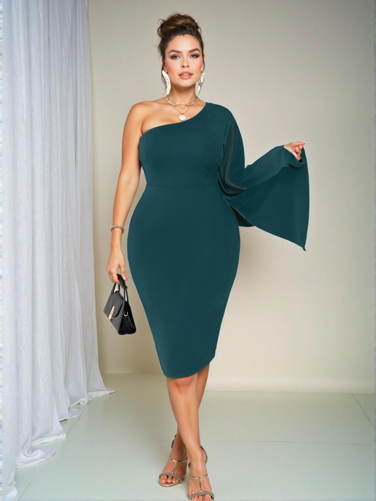 Elegant Teal Blue Bodycon Asymmetrical Neckline Dress with Split Sleeves for a Chic, Classy and Trendy Fashion Style to Dress to Impress - Image 5