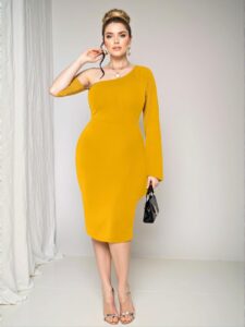 Elegant Yellow Asymmetrical Split Sleeve Bodycon Midi Dress Chic, Classy and Trendy Fashion Style to Dress to Impress