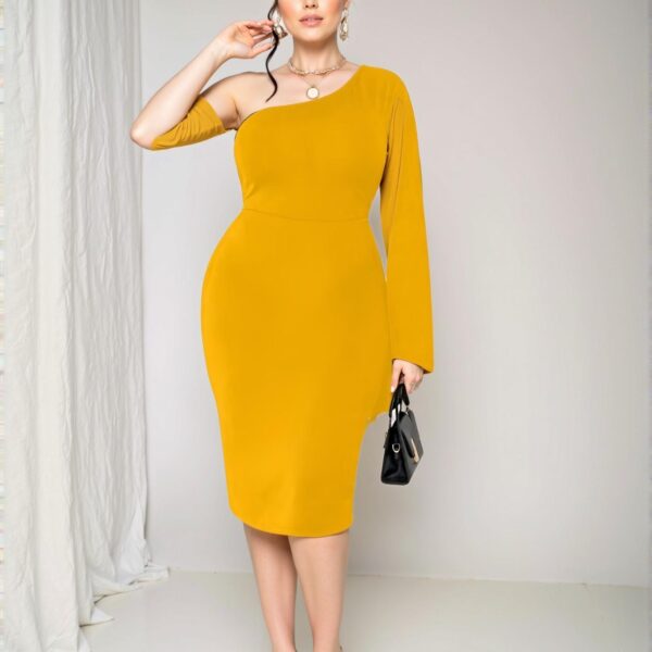 Elegant Yellow Asymmetrical Split Sleeve Bodycon Midi Dress Chic, Classy and Trendy Fashion Style to Dress to Impress