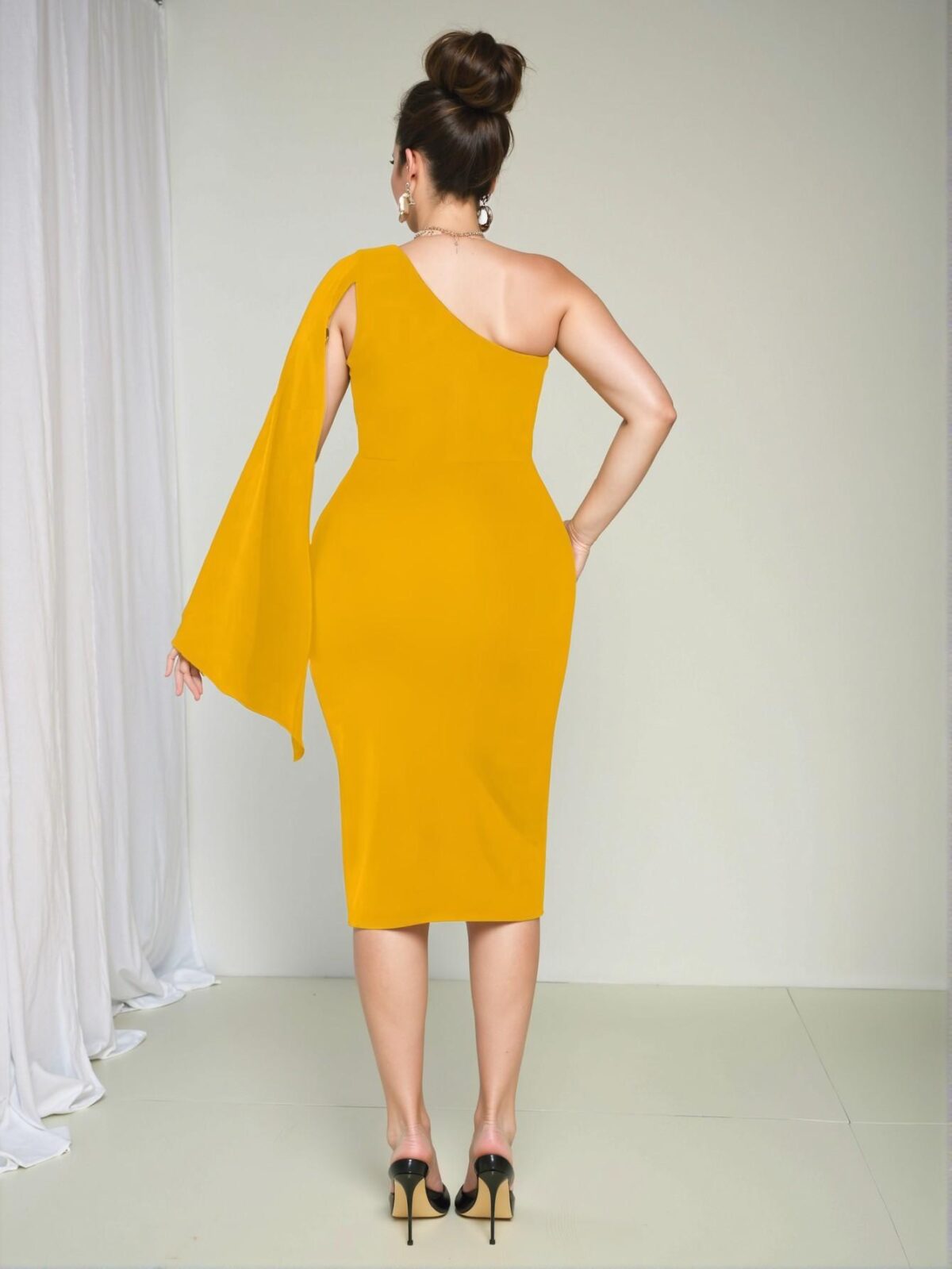 Elegant Yellow Asymmetrical Split Sleeve Bodycon Midi Dress Chic, Classy and Trendy Fashion Style to Dress to Impress - Image 2