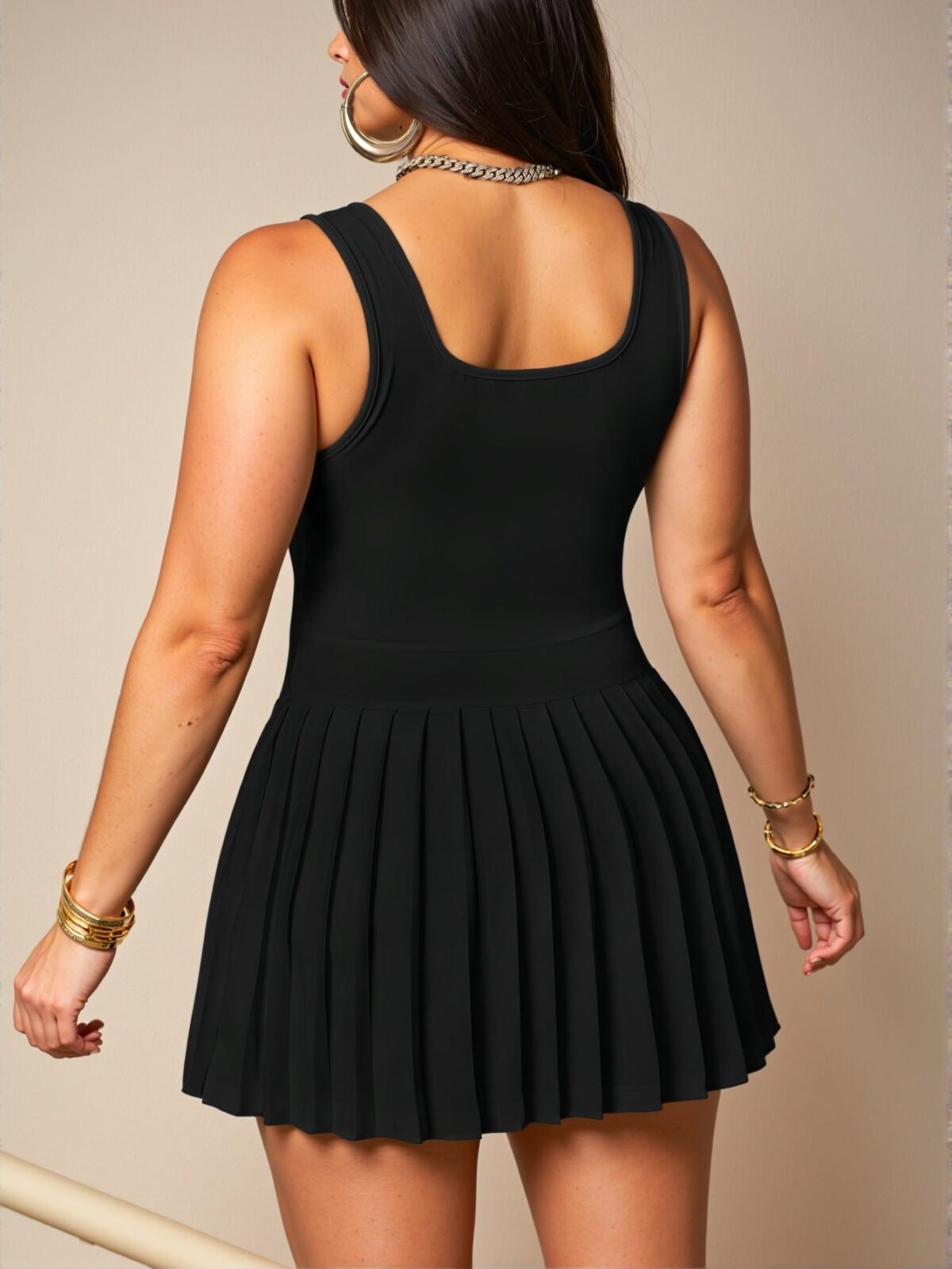 Elegant Black Chic U-Neck Racer Vest with Pleated Skirt Including Shorts and Culottes in Soft Knitted Fabric "Chic, Classy and Trendy Fashion Style to Dress to Impress" - Image 2