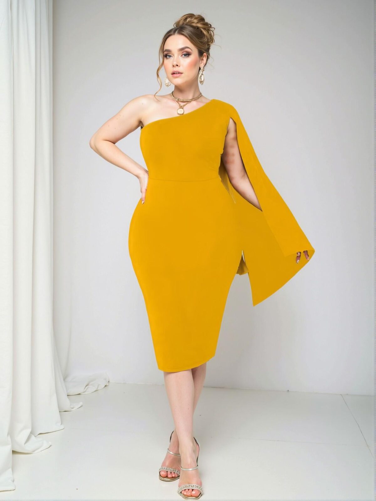 Elegant Yellow Asymmetrical Split Sleeve Bodycon Midi Dress Chic, Classy and Trendy Fashion Style to Dress to Impress - Image 3