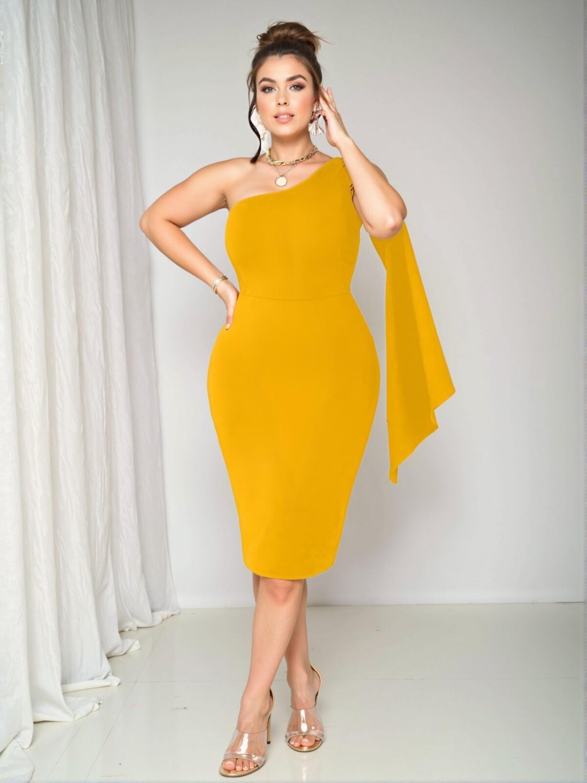 Elegant Yellow Asymmetrical Split Sleeve Bodycon Midi Dress Chic, Classy and Trendy Fashion Style to Dress to Impress - Image 4
