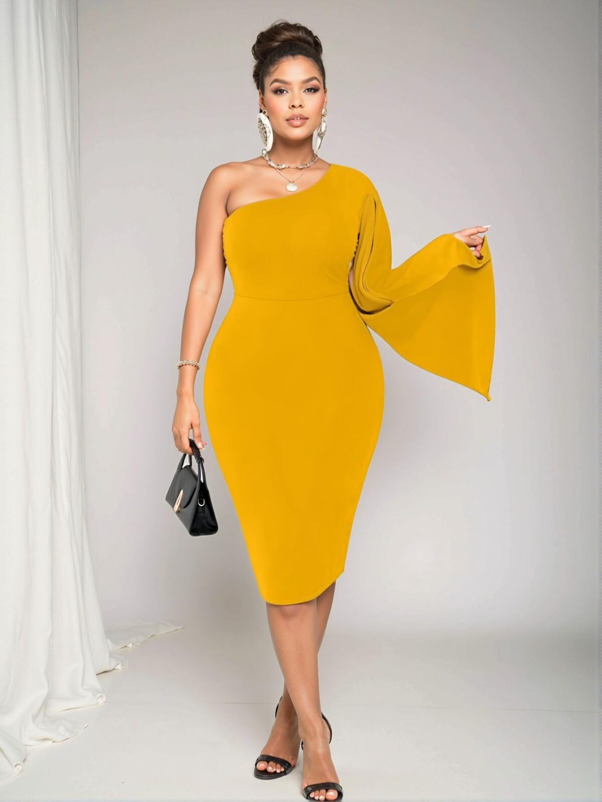 Elegant Yellow Asymmetrical Split Sleeve Bodycon Midi Dress Chic, Classy and Trendy Fashion Style to Dress to Impress - Image 5