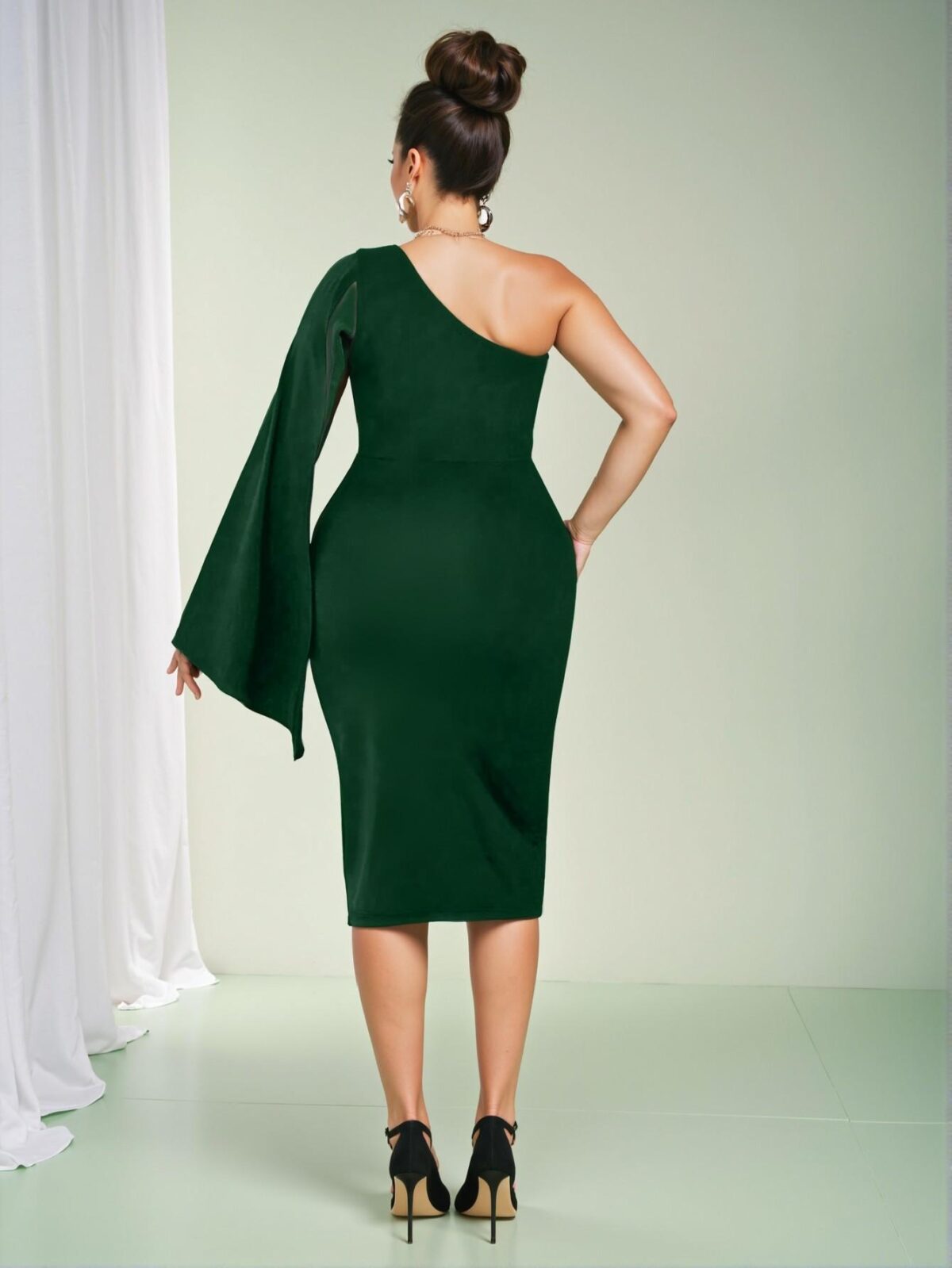 Elegant Green Bodycon Dress with Asymmetrical Neck and Split Sleeves - Chic, Classy and Trendy Fashion Style to Dress to Impress - Image 2