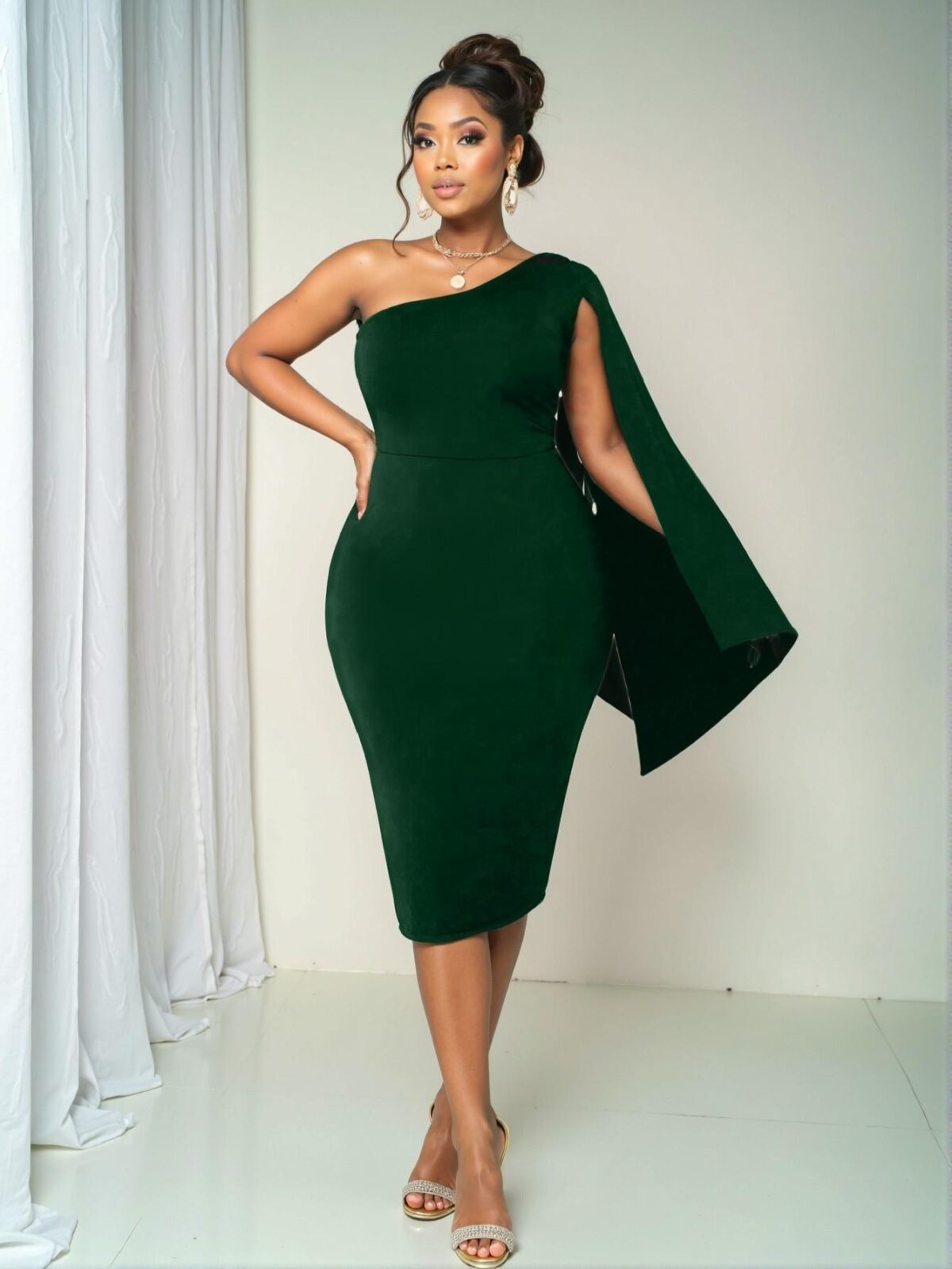Elegant Green Bodycon Dress with Asymmetrical Neck and Split Sleeves - Chic, Classy and Trendy Fashion Style to Dress to Impress - Image 3