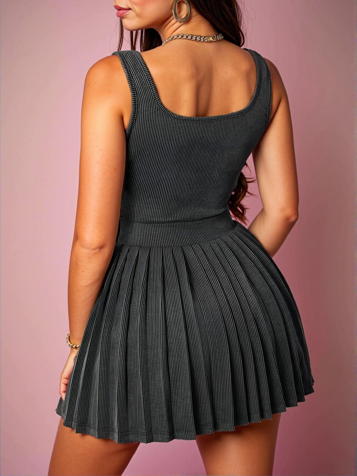 Elegant Black Pleated U-Neck Knitted Mini Dress for Work and Casual Occasions - Chic, Classy and Trendy Fashion Style to Dress to Impress - Image 2