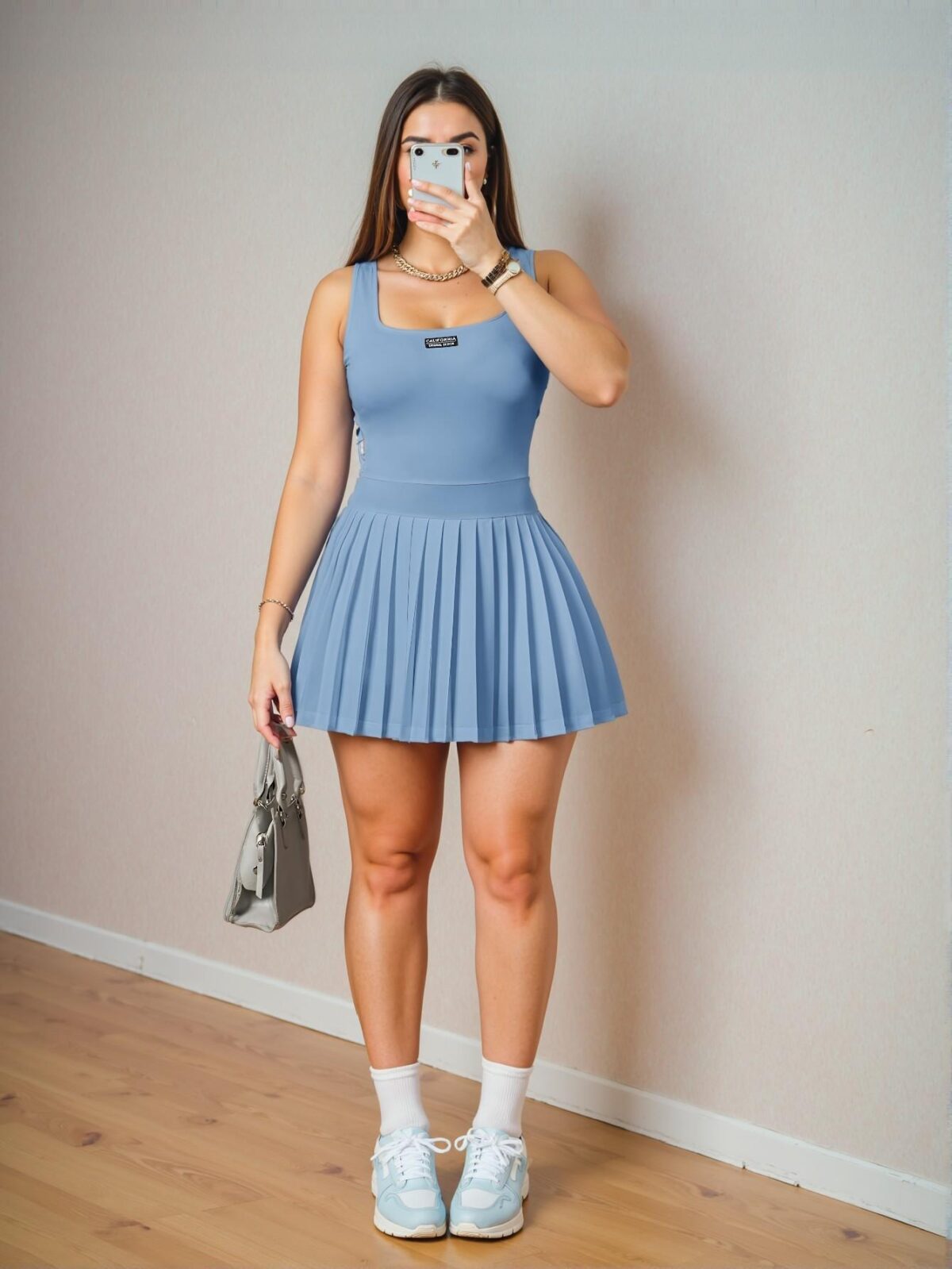 Elegant Baby Blue U-Neck Racer Vest with Pleated Skirt Featuring Shorts and Culottes - A Stylish Mini Dress for Summer Events "Chic, Classy and Trendy Fashion Style to Dress to Impress"