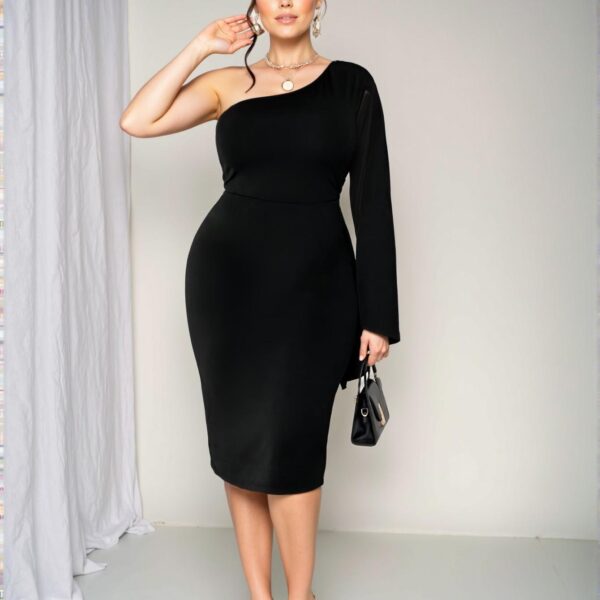 Elegant Black Bodycon Midi Dress with Asymmetrical Neck and Split Sleeves - Chic, Classy and Trendy Fashion Style to Dress to Impress