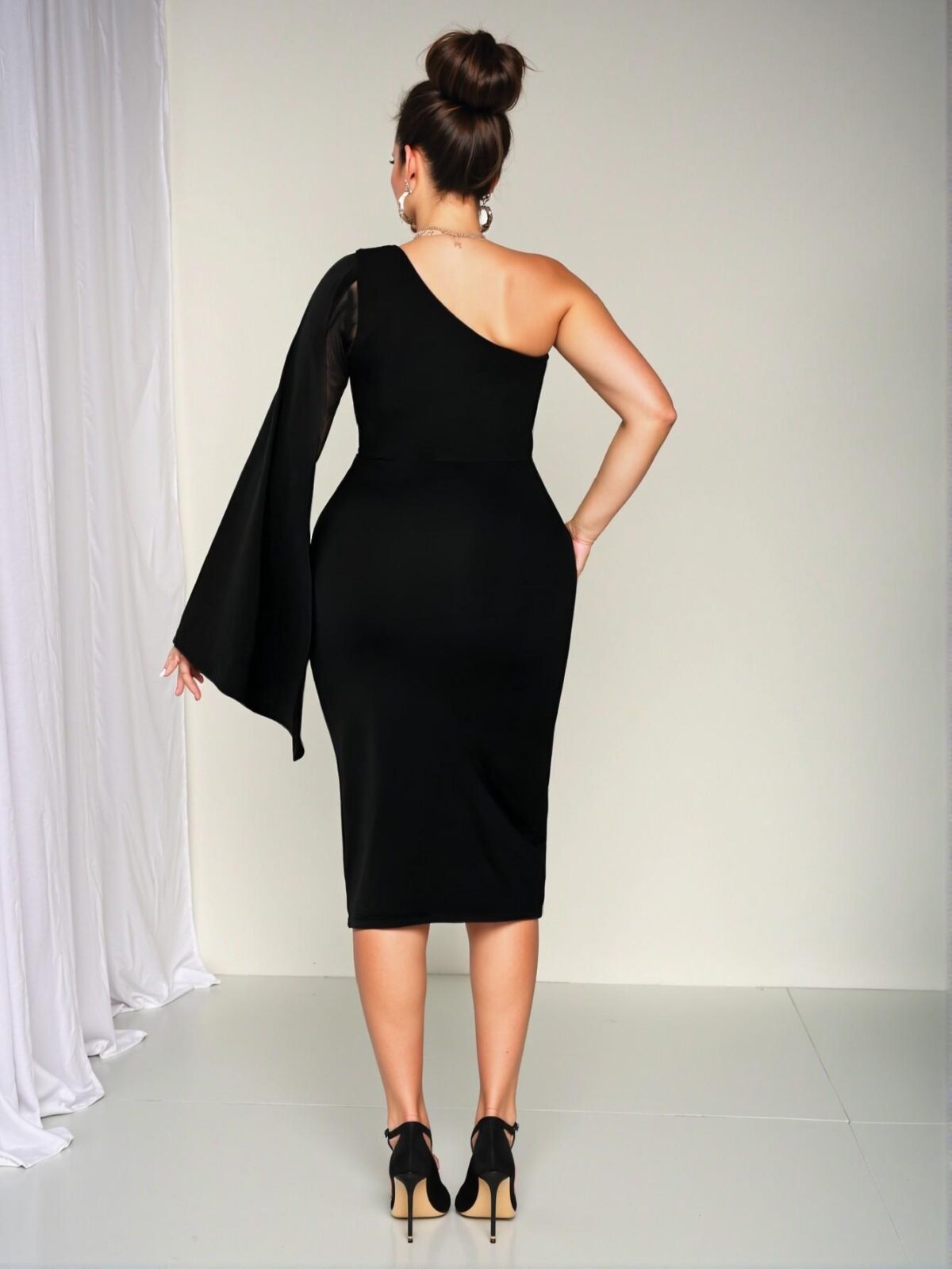 Elegant Black Bodycon Midi Dress with Asymmetrical Neck and Split Sleeves - Chic, Classy and Trendy Fashion Style to Dress to Impress - Image 2