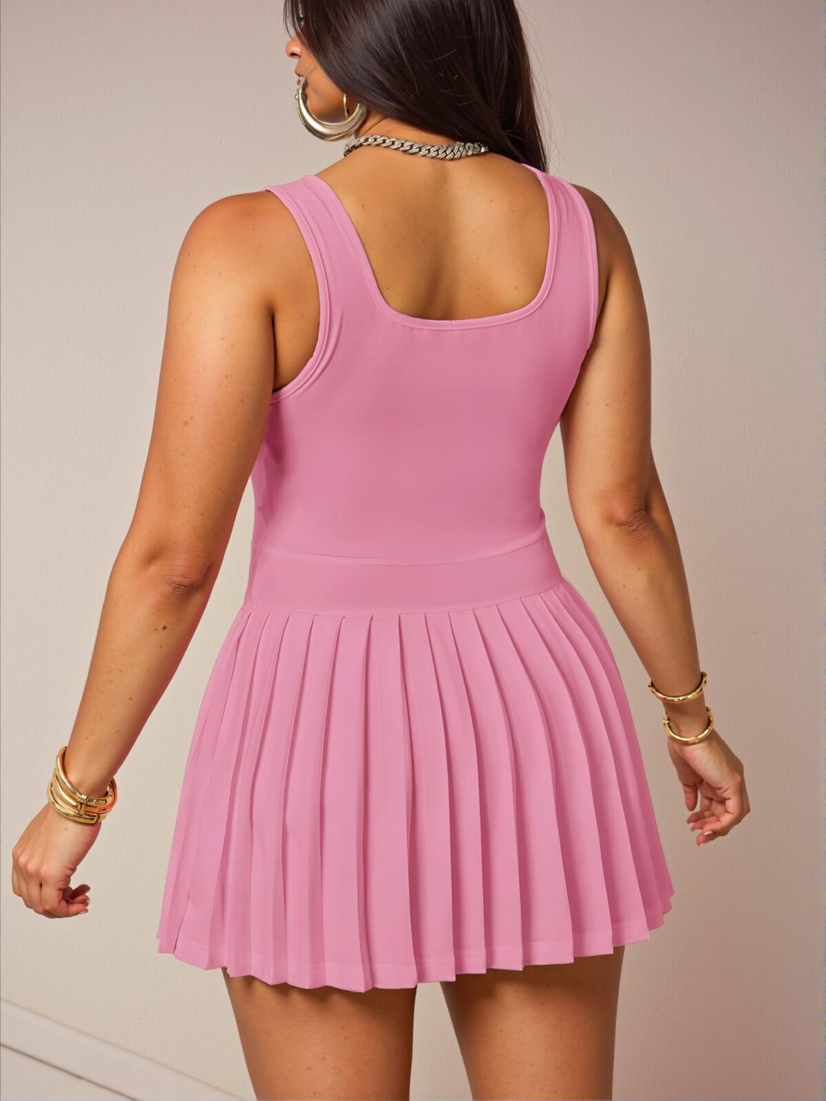 Elegant Pink Casual U-Neck Racer Vest with Pleated Skirt and Shorts for Women's Mini Dress - Chic, Classy and Trendy Fashion Style to Dress to Impress - Image 2