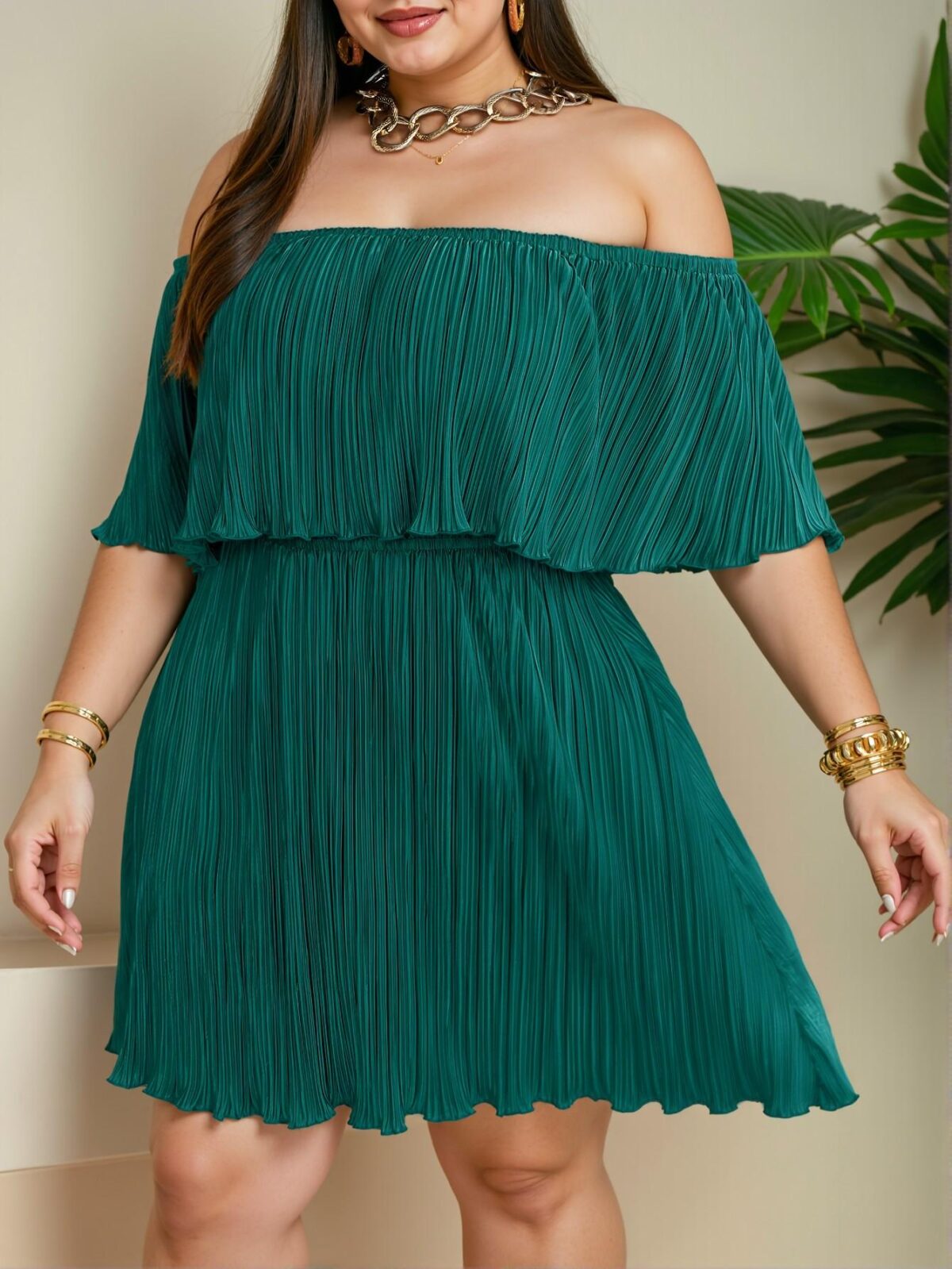 Elegant Mint Blue Relaxed Fit Off-Shoulder Ruffled Neckline Dress with Pleated Design - Chic, Classy and Trendy Fashion Style to Dress to Impress