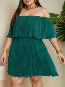 Elegant Mint Blue Relaxed Fit Off-Shoulder Ruffled Neckline Dress with Pleated Design - Chic, Classy and Trendy Fashion Style to Dress to Impress