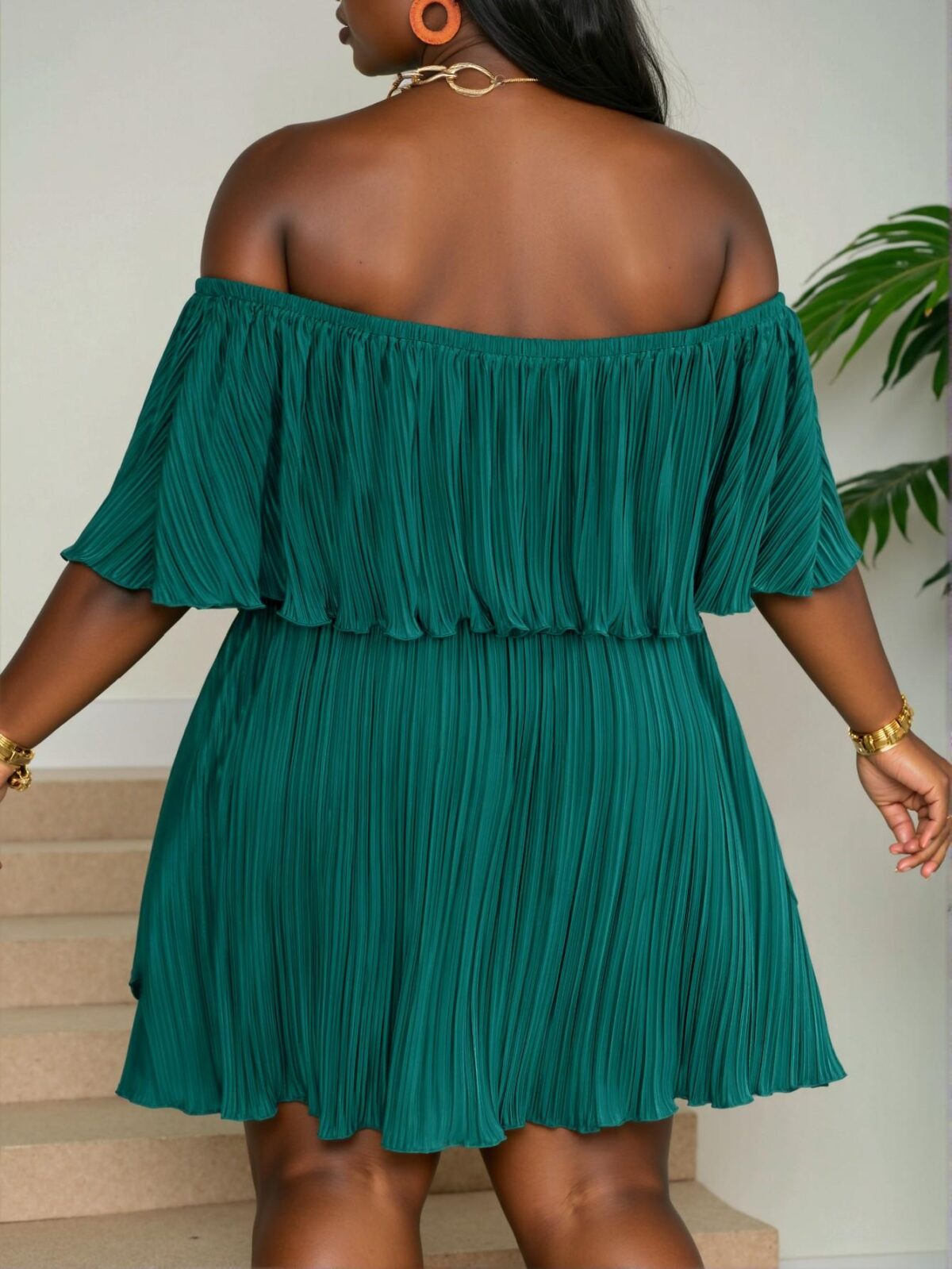 Elegant Mint Blue Relaxed Fit Off-Shoulder Ruffled Neckline Dress with Pleated Design - Chic, Classy and Trendy Fashion Style to Dress to Impress - Image 2