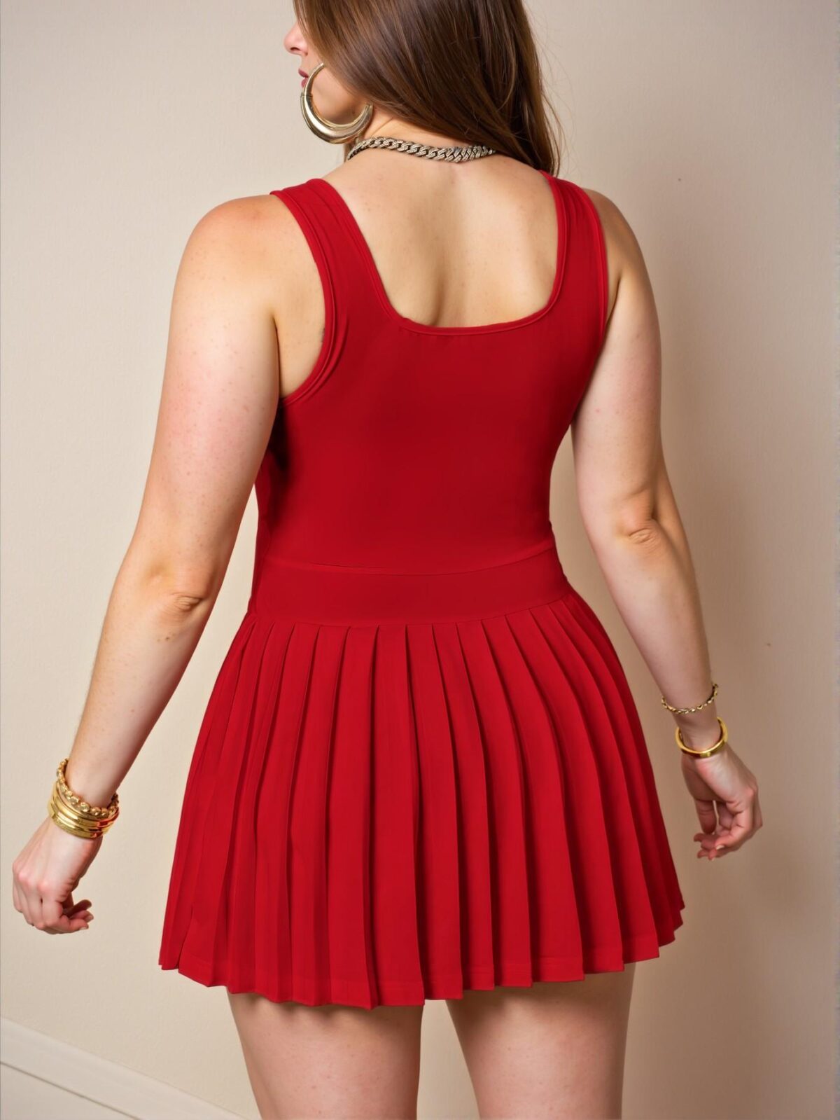 Elegant Red Casual Basic U-Neck Racer Vest Mini Dress with Pleated Skirt and Shorts "Chic, Classy and Trendy Fashion Style to Dress to Impress" - Image 2