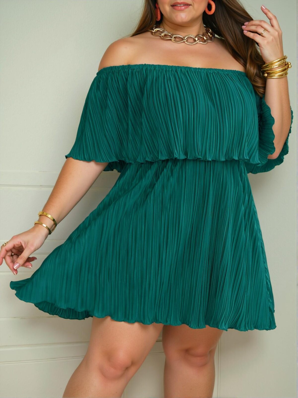 Elegant Mint Blue Relaxed Fit Off-Shoulder Ruffled Neckline Dress with Pleated Design - Chic, Classy and Trendy Fashion Style to Dress to Impress - Image 3