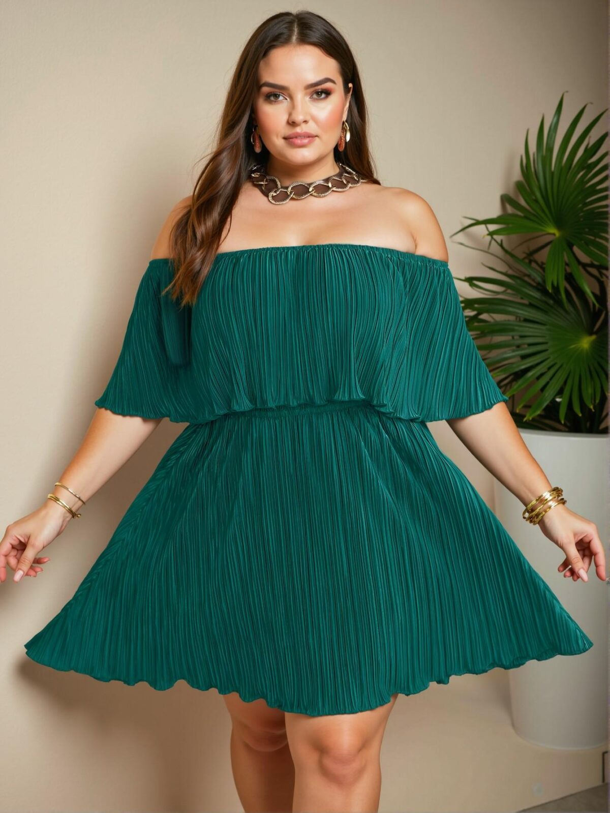 Elegant Mint Blue Relaxed Fit Off-Shoulder Ruffled Neckline Dress with Pleated Design - Chic, Classy and Trendy Fashion Style to Dress to Impress - Image 4