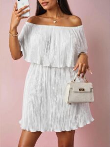 Elegant White Flowy Dress with Off-Shoulder Ruffled Neckline and Pleated Fabric, Chic, Classy and Trendy Fashion Style to Dress to Impress