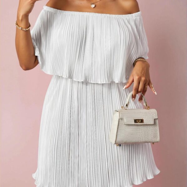 Elegant White Flowy Dress with Off-Shoulder Ruffled Neckline and Pleated Fabric, Chic, Classy and Trendy Fashion Style to Dress to Impress