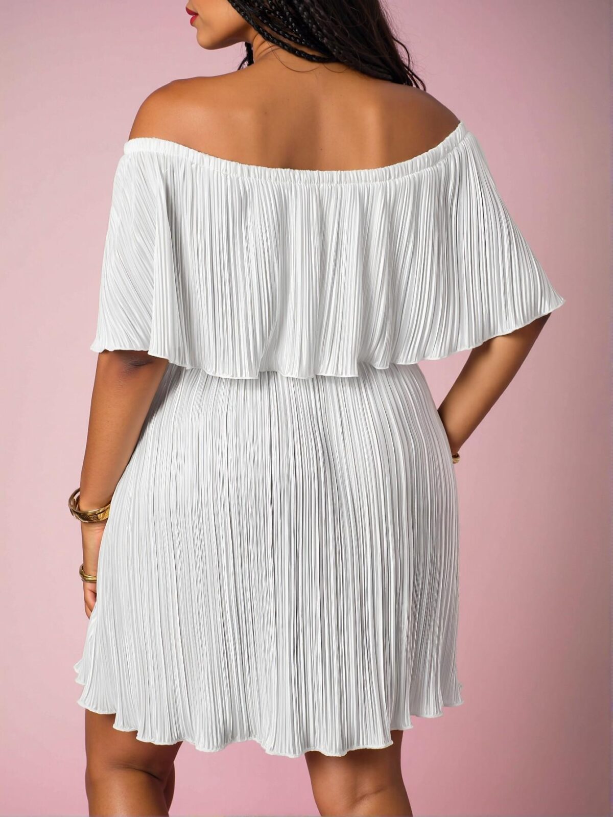 Elegant White Flowy Dress with Off-Shoulder Ruffled Neckline and Pleated Fabric, Chic, Classy and Trendy Fashion Style to Dress to Impress - Image 2