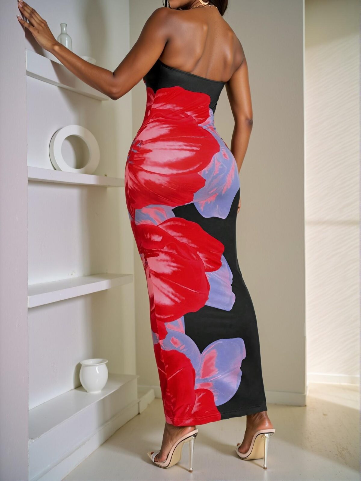 Elegant Black Stunning Floral Bodycon Dress with Strapless Design, Perfect for Casual Vacations Maxi Outfit - Chic, Classy and Trendy Fashion Style to Dress to Impress - Image 2
