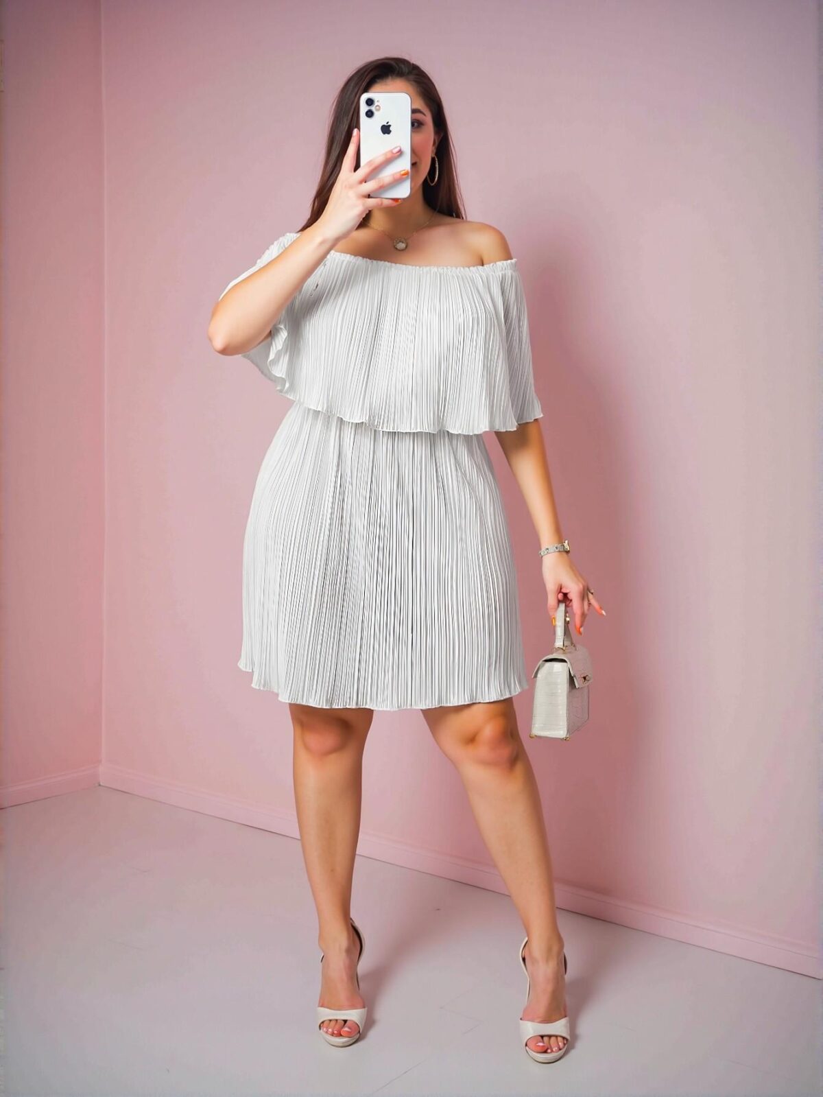 Elegant White Flowy Dress with Off-Shoulder Ruffled Neckline and Pleated Fabric, Chic, Classy and Trendy Fashion Style to Dress to Impress - Image 3