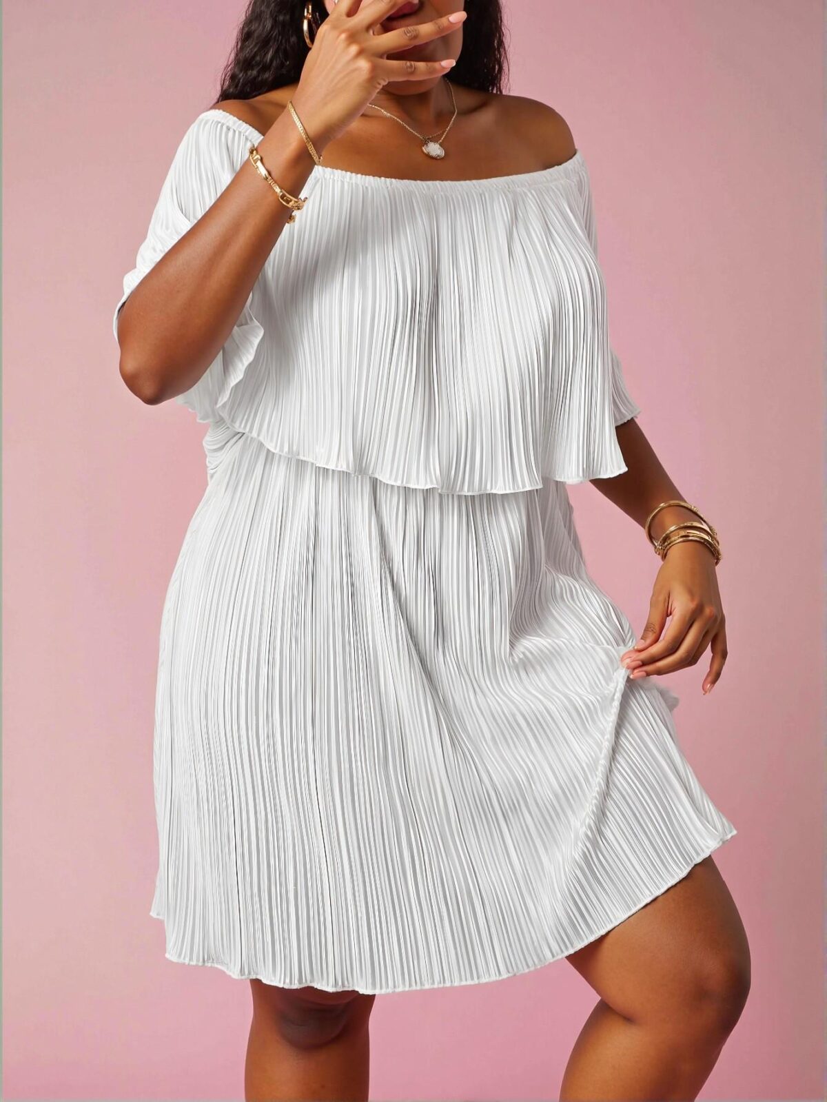 Elegant White Flowy Dress with Off-Shoulder Ruffled Neckline and Pleated Fabric, Chic, Classy and Trendy Fashion Style to Dress to Impress - Image 4