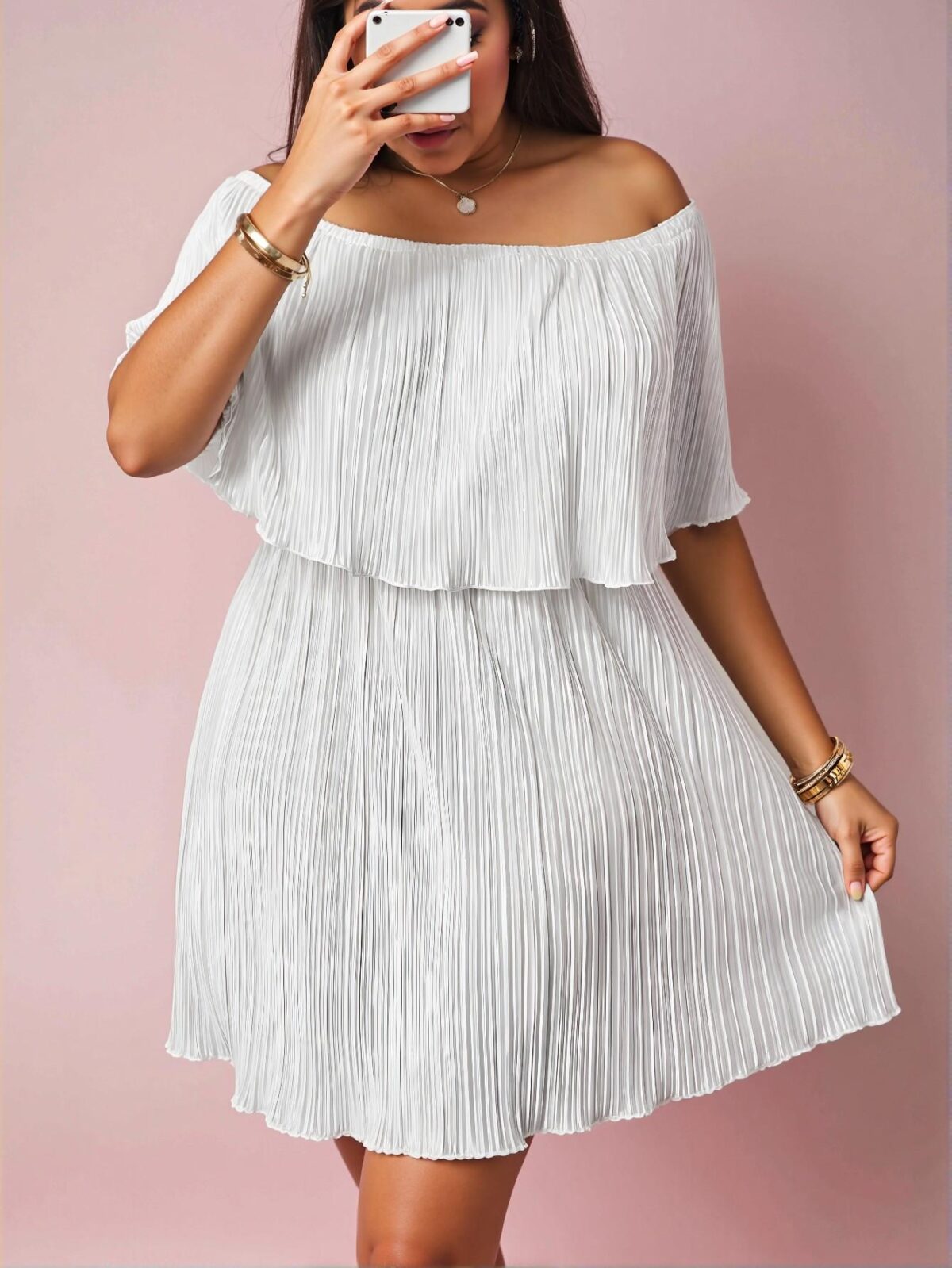 Elegant White Flowy Dress with Off-Shoulder Ruffled Neckline and Pleated Fabric, Chic, Classy and Trendy Fashion Style to Dress to Impress - Image 5