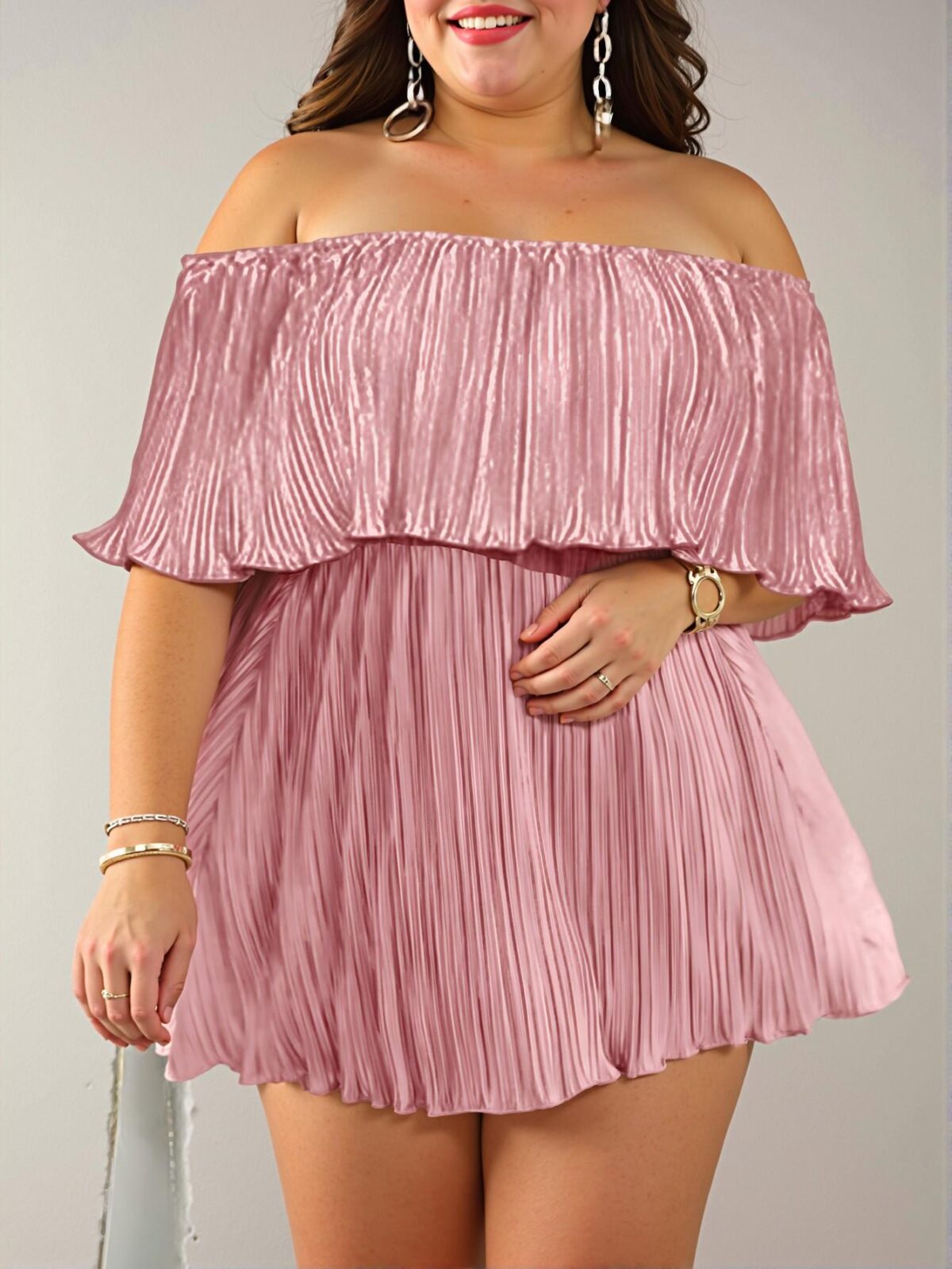 Elegant Pink Flounce Sleeve Off-Shoulder Loose Dress with Ruffled Neckline in Pleated Fabric - Chic, Classy, and Trendy Fashion Style to Dress to Impress