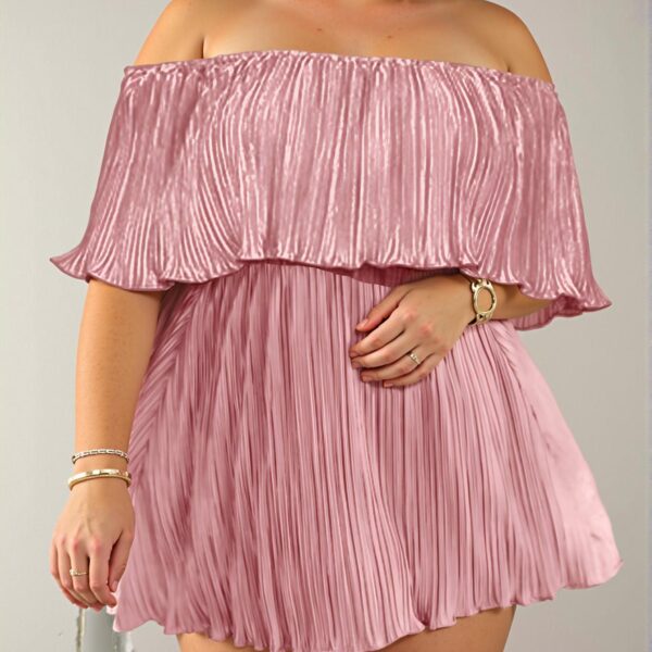 Elegant Pink Flounce Sleeve Off-Shoulder Loose Dress with Ruffled Neckline in Pleated Fabric - Chic, Classy, and Trendy Fashion Style to Dress to Impress