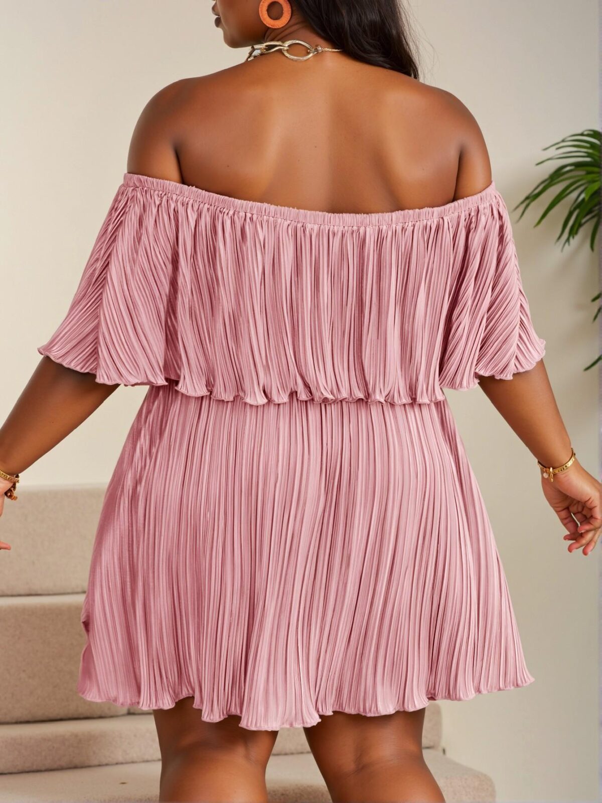 Elegant Pink Flounce Sleeve Off-Shoulder Loose Dress with Ruffled Neckline in Pleated Fabric - Chic, Classy, and Trendy Fashion Style to Dress to Impress - Image 2