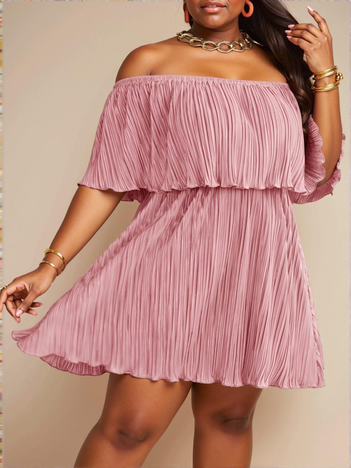 Elegant Pink Flounce Sleeve Off-Shoulder Loose Dress with Ruffled Neckline in Pleated Fabric - Chic, Classy, and Trendy Fashion Style to Dress to Impress - Image 4
