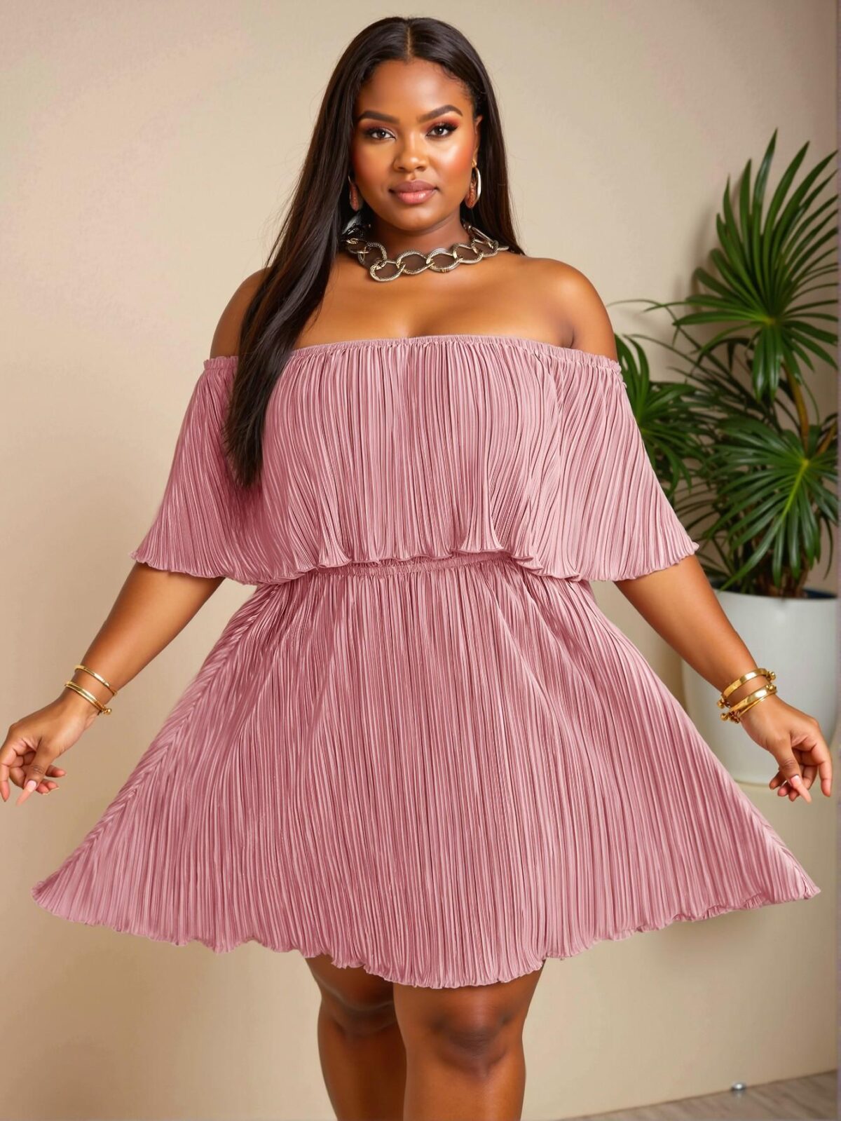 Elegant Pink Flounce Sleeve Off-Shoulder Loose Dress with Ruffled Neckline in Pleated Fabric - Chic, Classy, and Trendy Fashion Style to Dress to Impress - Image 5