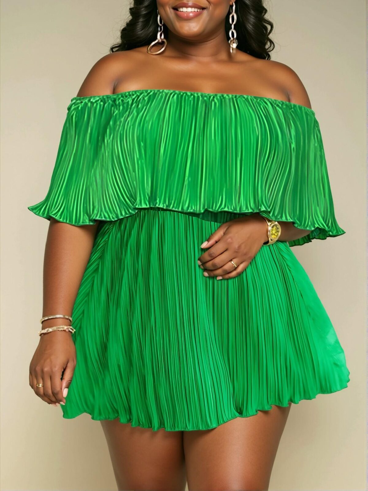 Elegant Green Off-Shoulder Ruffled Neckline Loose Pleated Dress for a Chic, Classy, and Trendy Fashion Style to Dress to Impress