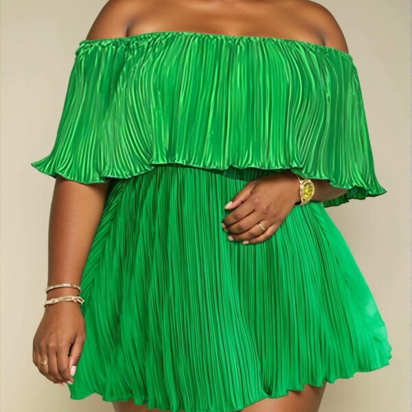 Elegant Green Off-Shoulder Ruffled Neckline Loose Pleated Dress for a Chic, Classy, and Trendy Fashion Style to Dress to Impress