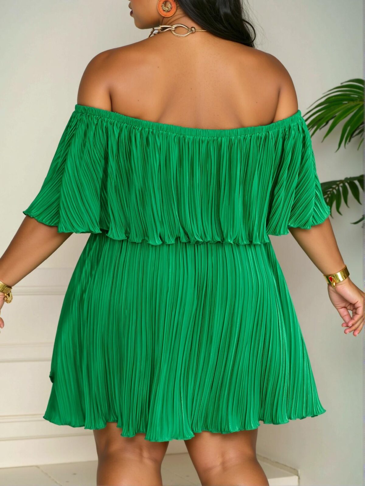 Elegant Green Off-Shoulder Ruffled Neckline Loose Pleated Dress for a Chic, Classy, and Trendy Fashion Style to Dress to Impress - Image 2