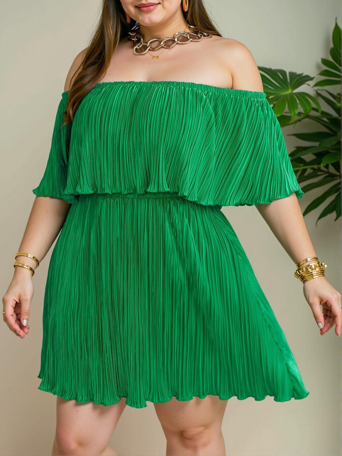 Elegant Green Off-Shoulder Ruffled Neckline Loose Pleated Dress for a Chic, Classy, and Trendy Fashion Style to Dress to Impress - Image 3