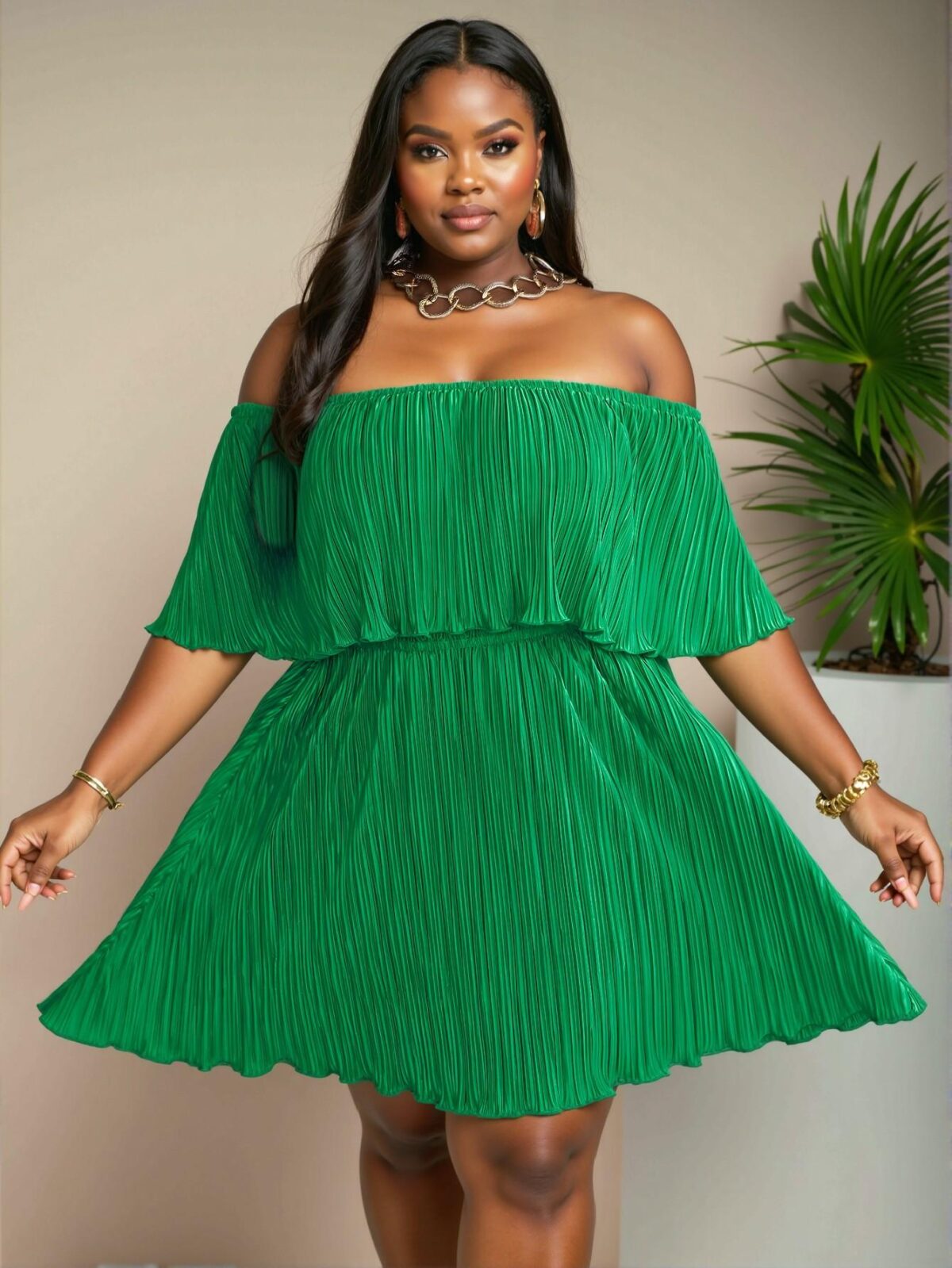 Elegant Green Off-Shoulder Ruffled Neckline Loose Pleated Dress for a Chic, Classy, and Trendy Fashion Style to Dress to Impress - Image 5