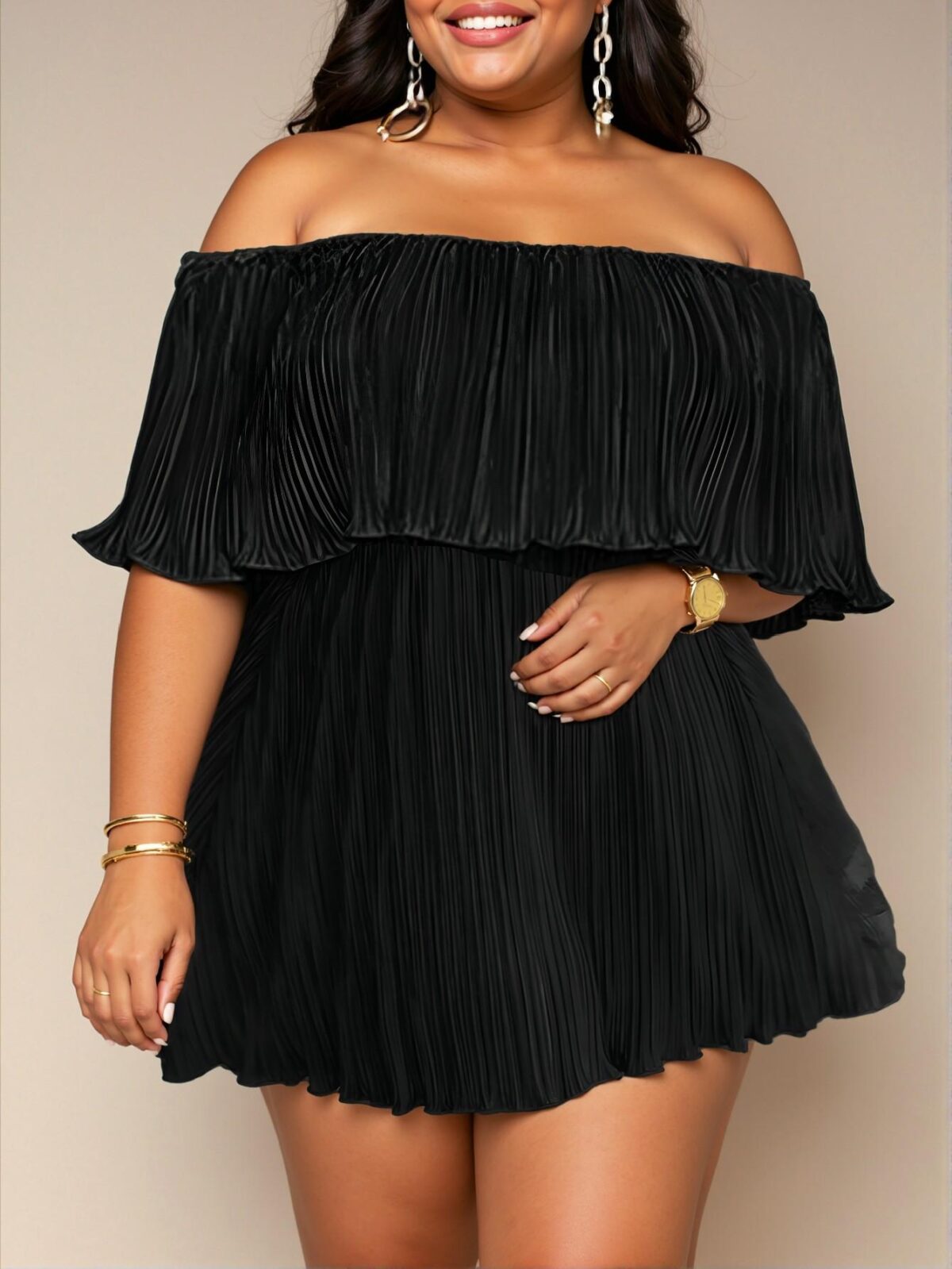 Elegant Black Off-Shoulder Ruffled Neckline Loose Pleated Dress for Effortless Style – Chic, Classy and Trendy Fashion to Dress to Impress