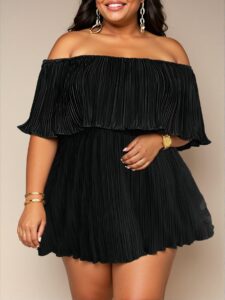 Elegant Black Off-Shoulder Ruffled Neckline Loose Pleated Dress for Effortless Style – Chic, Classy and Trendy Fashion to Dress to Impress