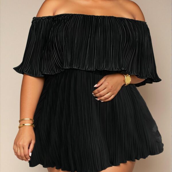 Elegant Black Off-Shoulder Ruffled Neckline Loose Pleated Dress for Effortless Style – Chic, Classy and Trendy Fashion to Dress to Impress
